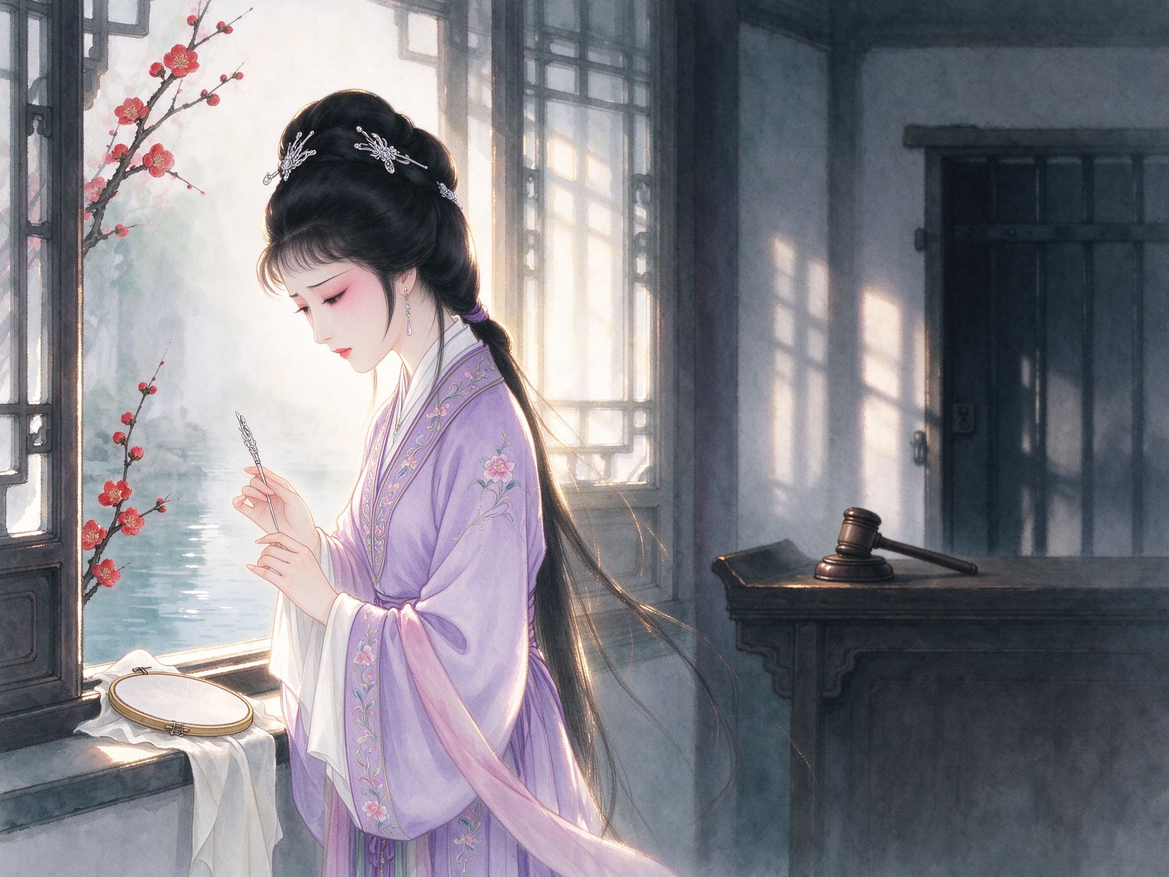 越剧《胭脂》绣楼少女手持银钗与公堂惊堂木意象