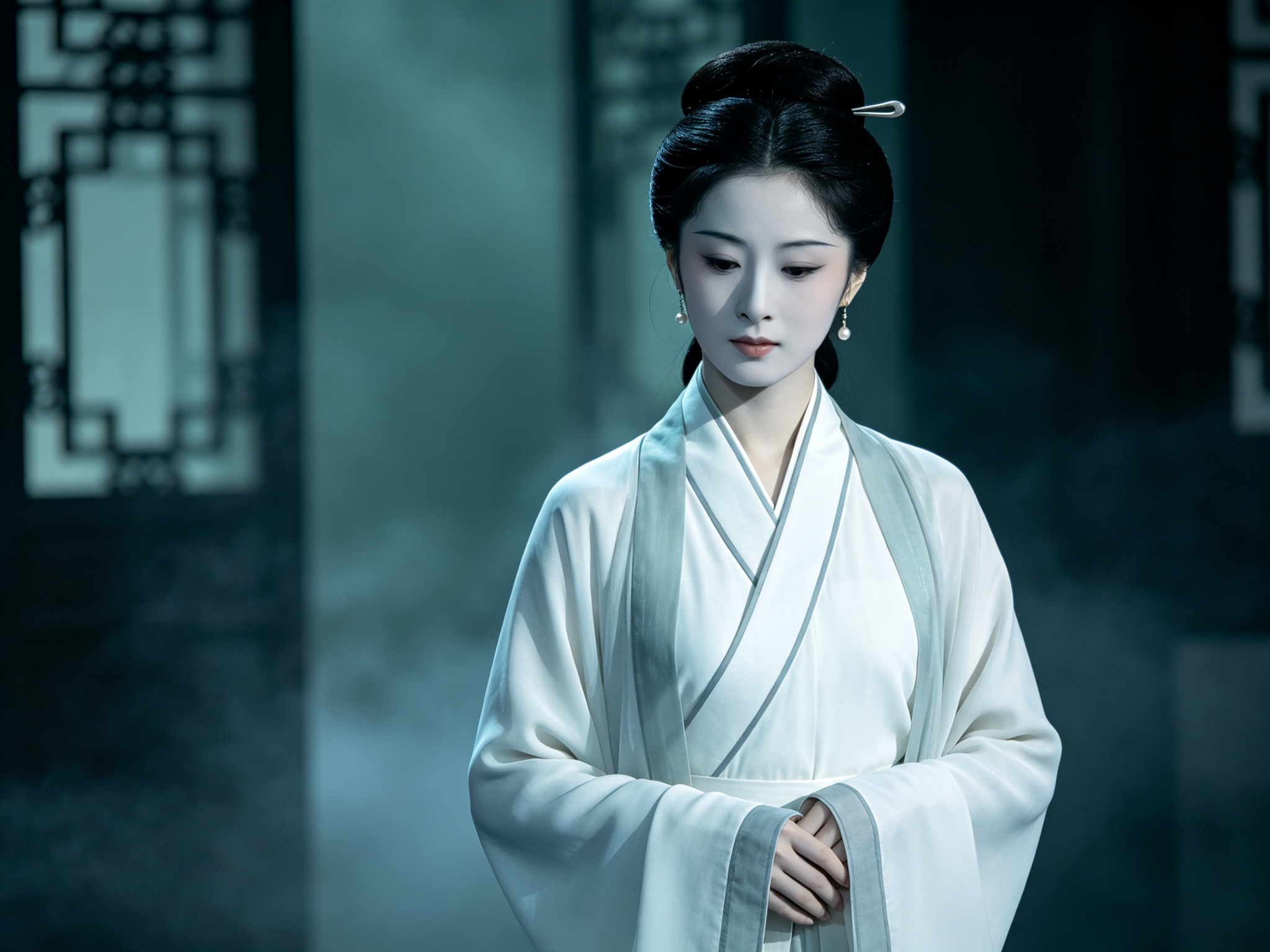 新编越剧《玉卿嫂》中方亚芬饰演的玉卿嫂舞台扮相，月白衣衫、素银簪，清冷幽怨的袁派旦角形象