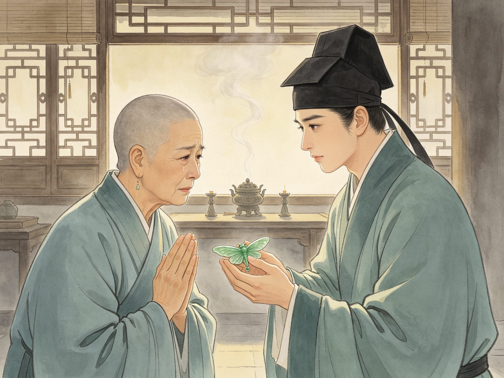 越剧《玉蜻蜓》法华庵内王志贞与徐元宰四目相对、手捧玉蜻蜓玉佩的庵堂认母意象