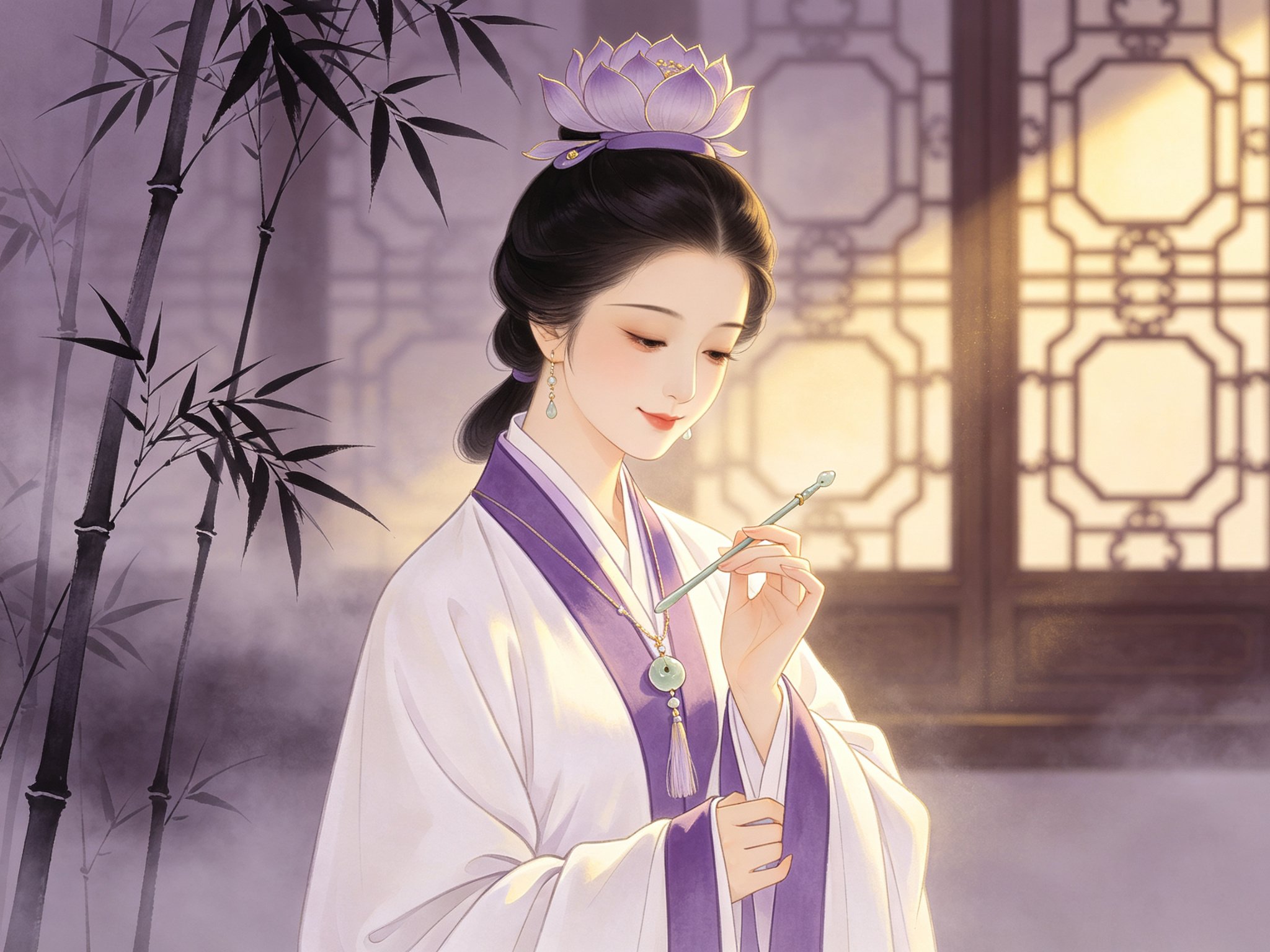 越剧《玉簪记》陈颖饰演的道姑陈妙常舞台形象，莲花道冠、月白道袍，手持玉簪、眉目含情的旦角扮相