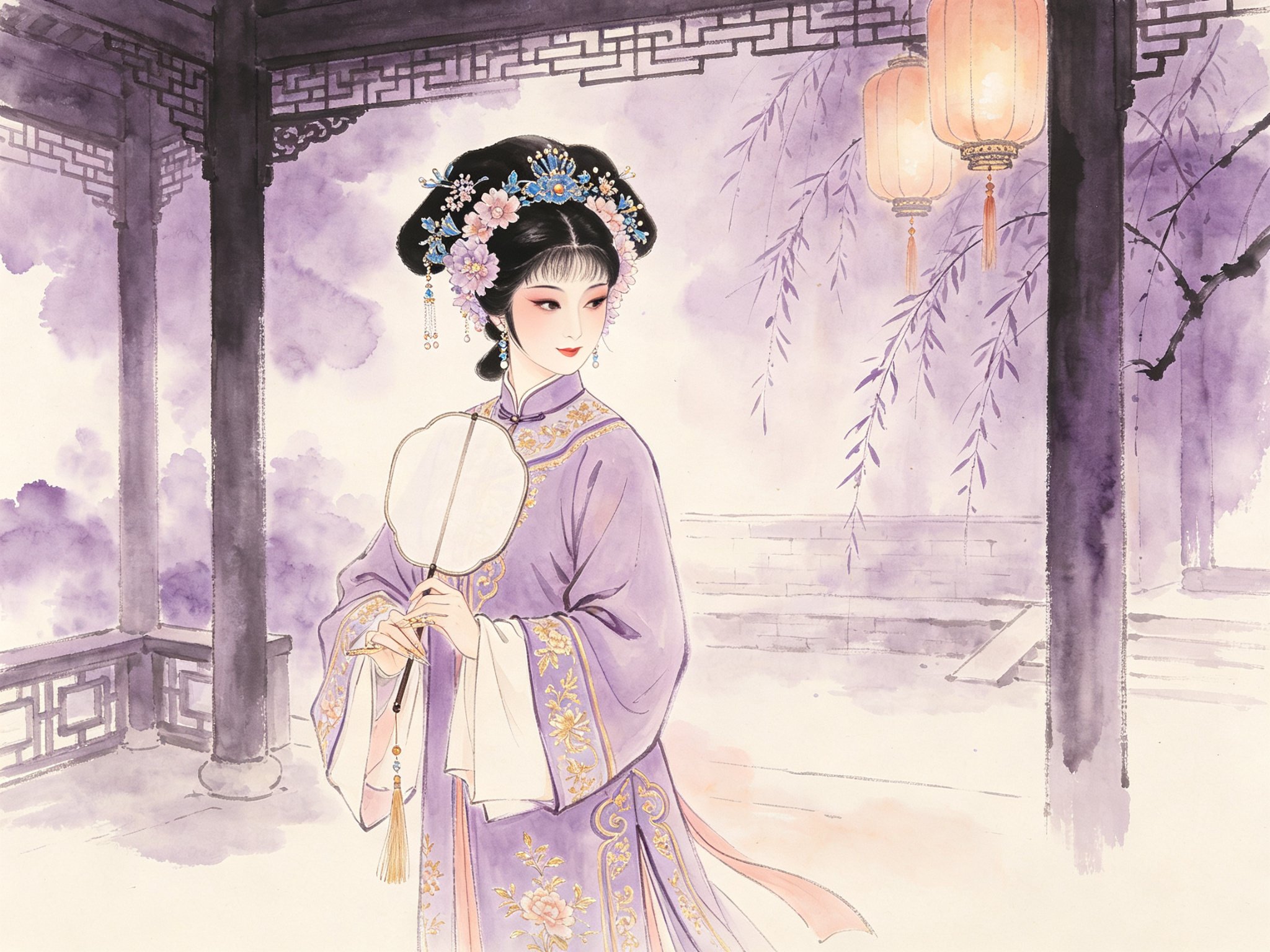 越剧《甄嬛》李旭丹饰王派花旦扮相，身着淡紫绣金旗装宫衣、头戴绒花点翠旗头的甄嬛手持素白团扇，侧身回首带深宫愁绪