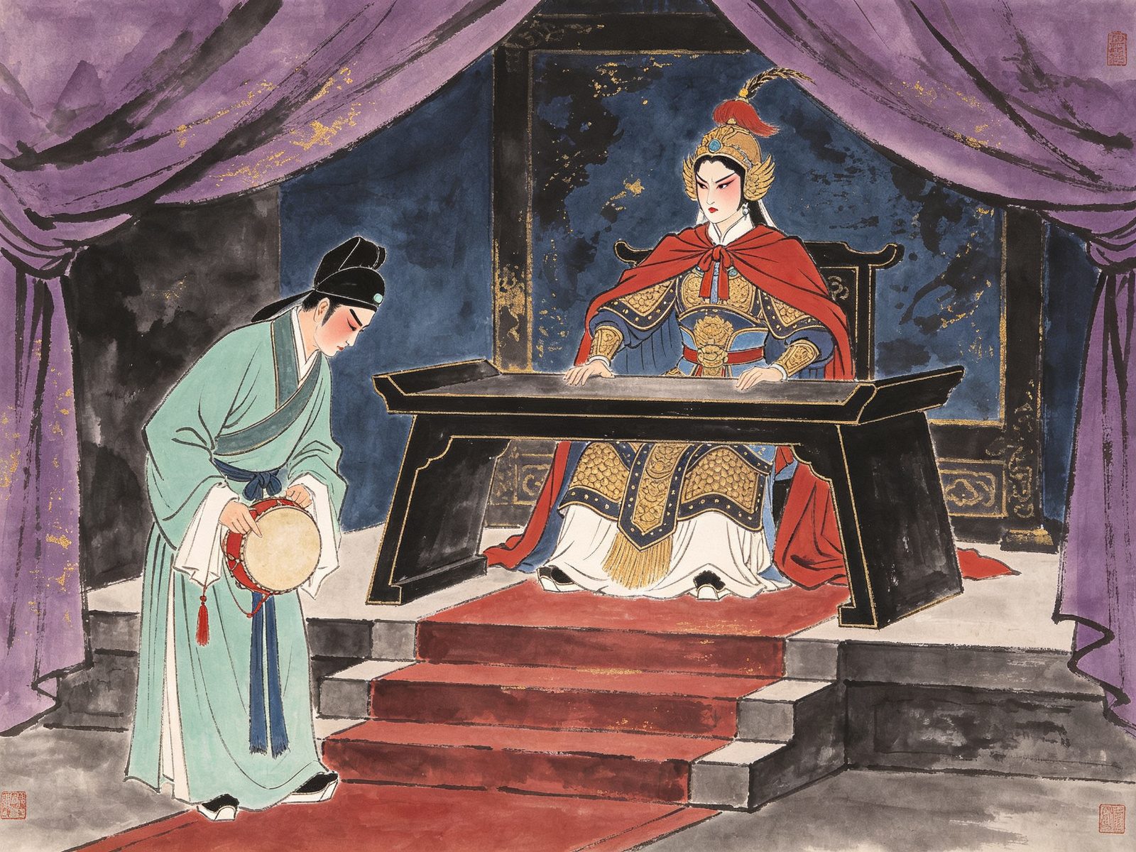 越剧《状元打更》女帅刘蝉金坐于帅案，阶下更夫沈文素手提梆子伫立