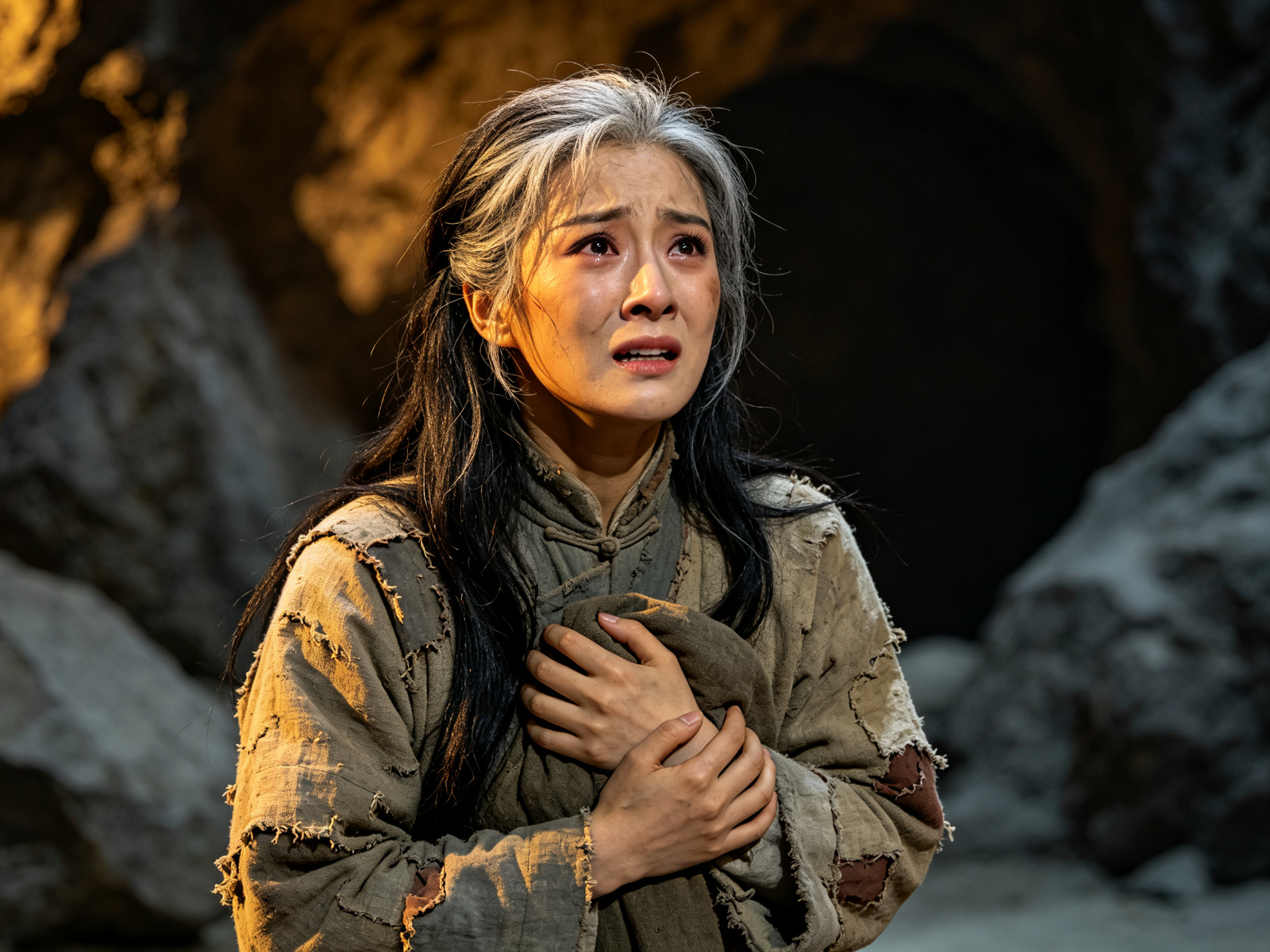 豫剧《白毛女》青衣喜儿舞台扮相，破旧补丁布衣、长发夹白，抱胸仰望，深山洞窟赭金暗光