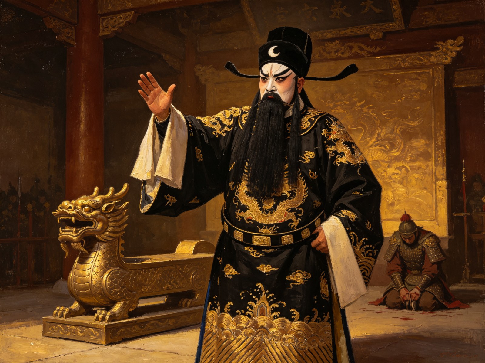 豫剧《包公误》黑脸包拯额饰月牙着绣金黑袍在公堂抬手判案旁立龙头铜铡