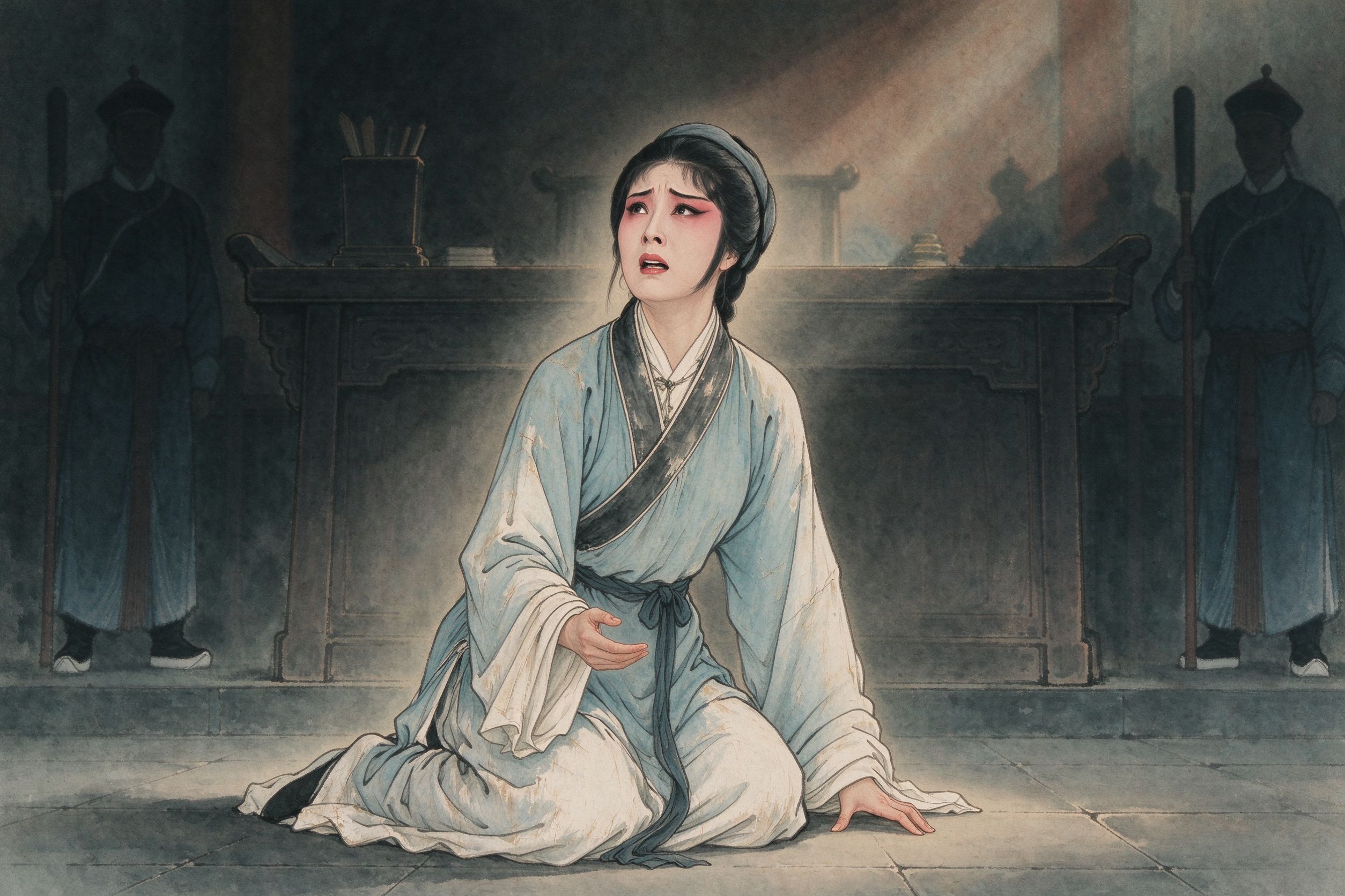 豫剧《陈三两》李素萍身穿素色青衫跪伏公堂青砖地上，抬头仰望上首，神情悲愤刚烈