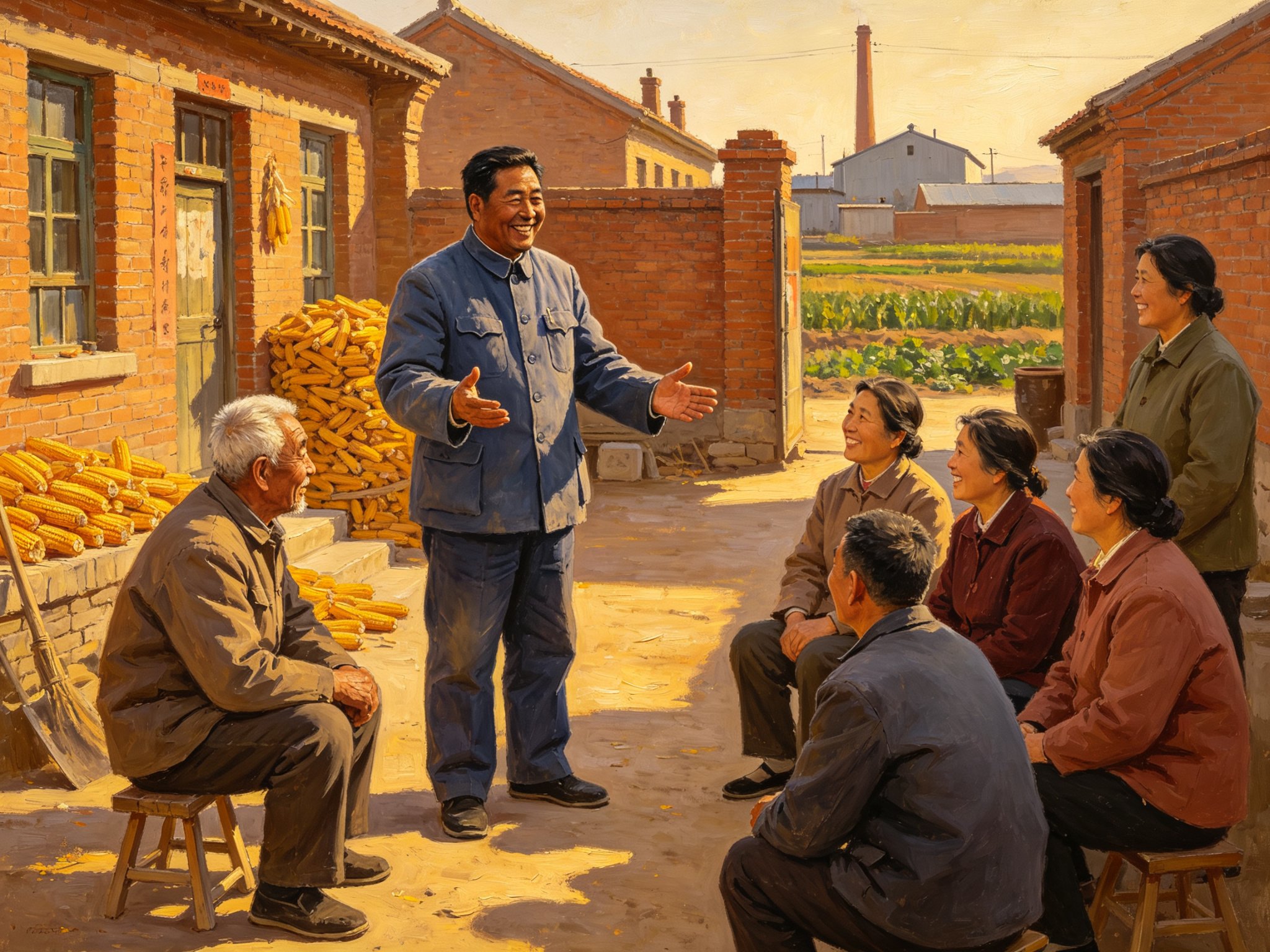 豫剧现代戏《村官李天成》中村支书李天成穿藏蓝色中山装站在北方农村红砖院落里，热情地向围坐的乡亲们比划讲解的场景