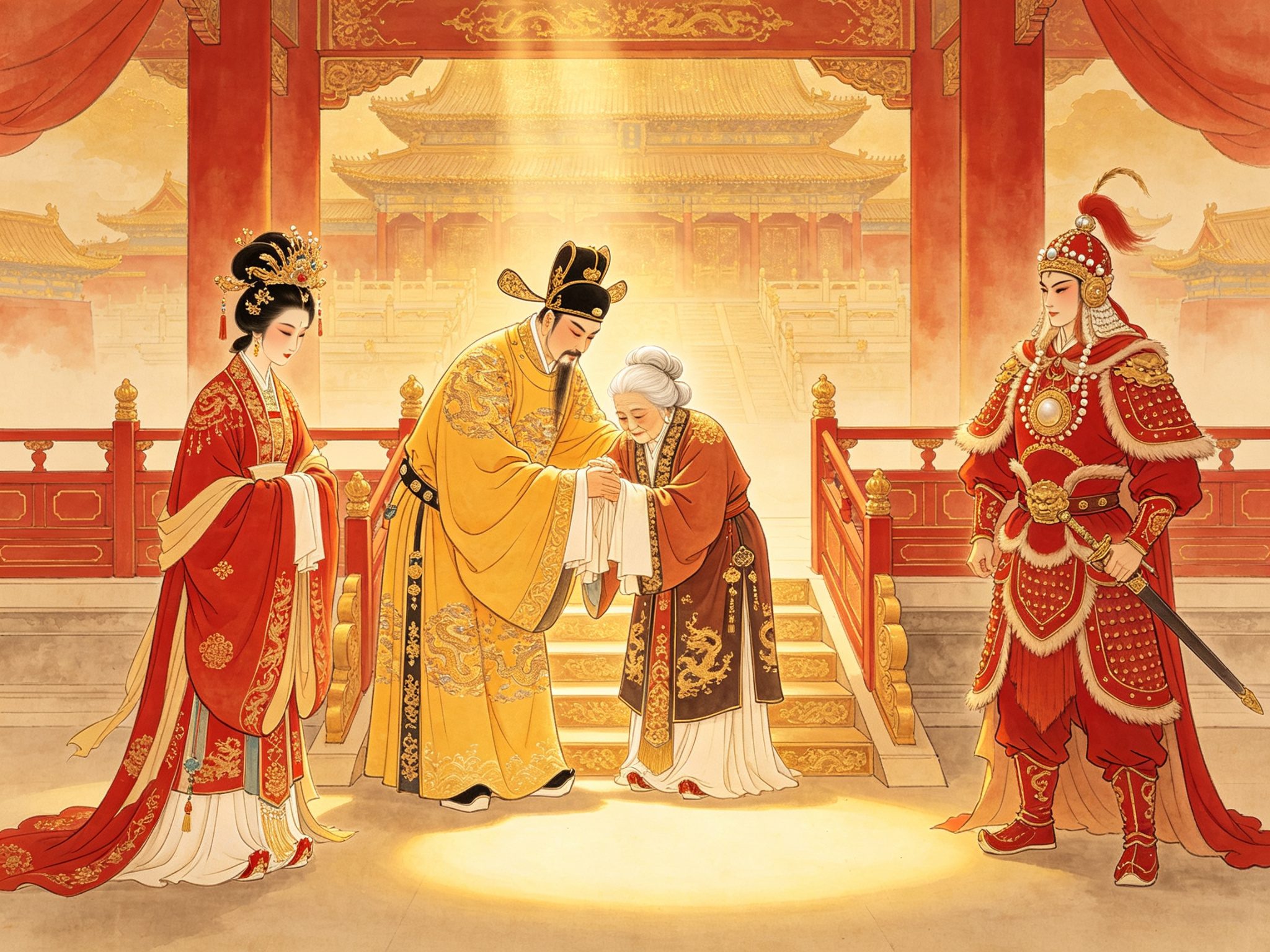豫剧《大登殿》中金殿之上身穿明黄蟒袍的薛平贵弯腰搀扶白发王母，左侧头戴凤冠的王宝钏盈盈下拜，右侧红绒战袍的代战公主按剑而立