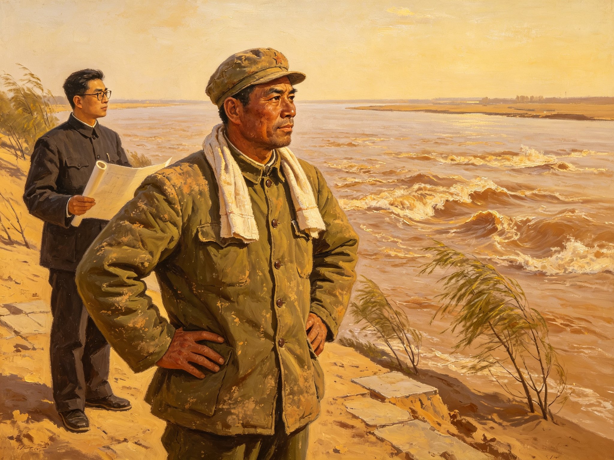 豫剧现代戏《大河安澜》中面容黝黑粗犷的中年河防队员穿旧军绿棉大衣、双手叉腰站在黄河大堤上凝望浑黄河水，身后站着戴眼镜拿图纸的年轻治河人