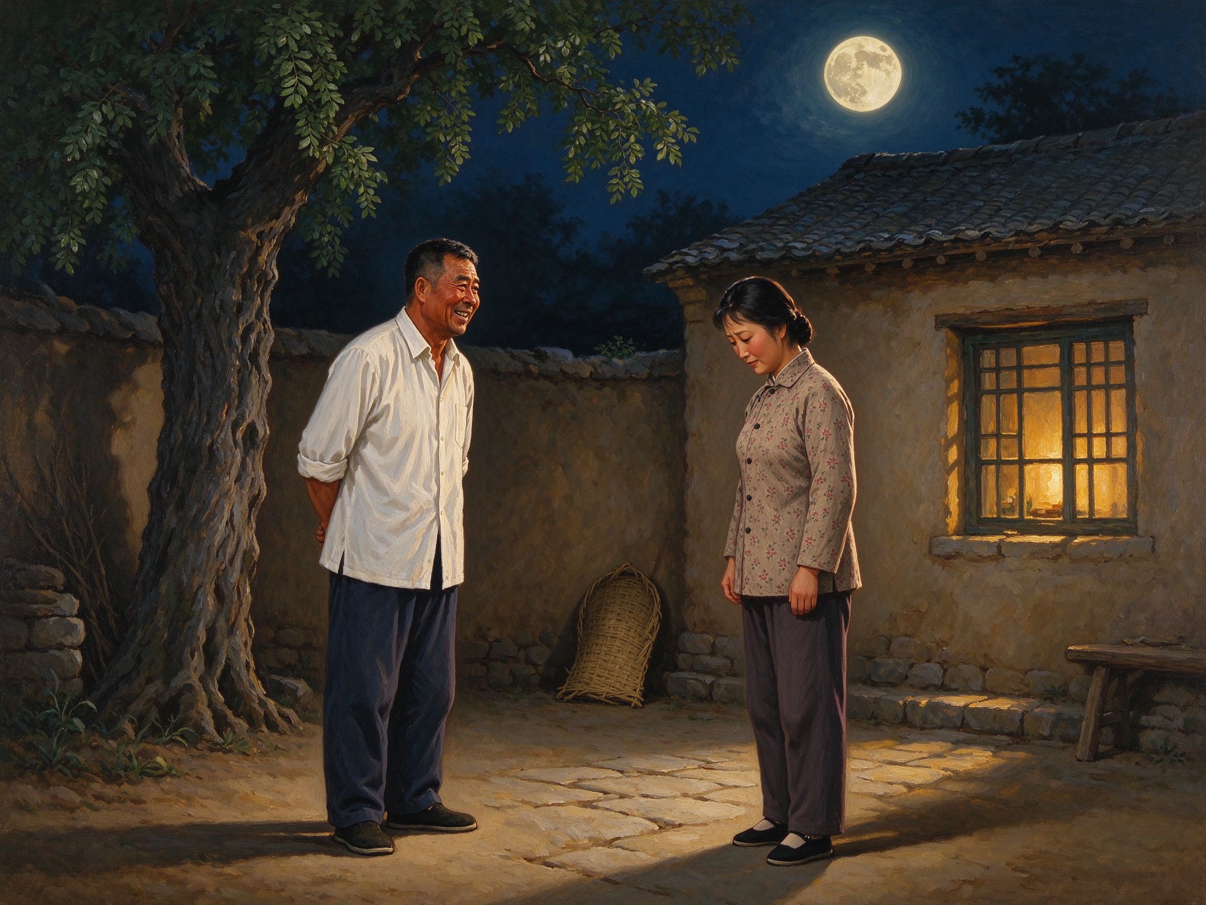 豫剧《倒霉大叔的婚事》夏夜农家小院月下相会，常有福与魏淑兰羞涩相对