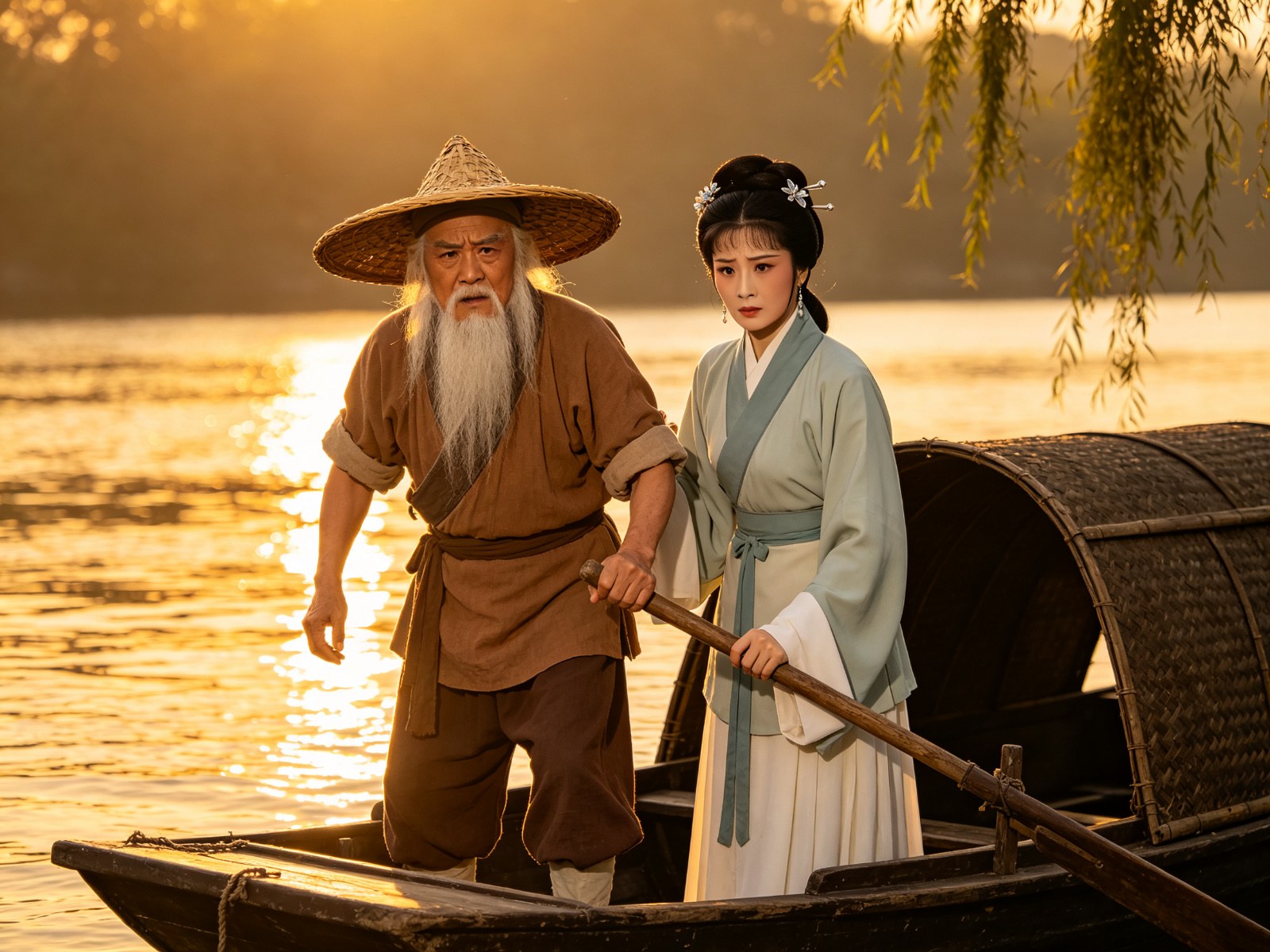 豫剧《打渔杀家》江上父女近景：斗笠蓑衣、花白长髯的武老生萧恩与素衣花旦萧桂英立于乌篷船头，夕照金波之间神情悲愤坚毅
