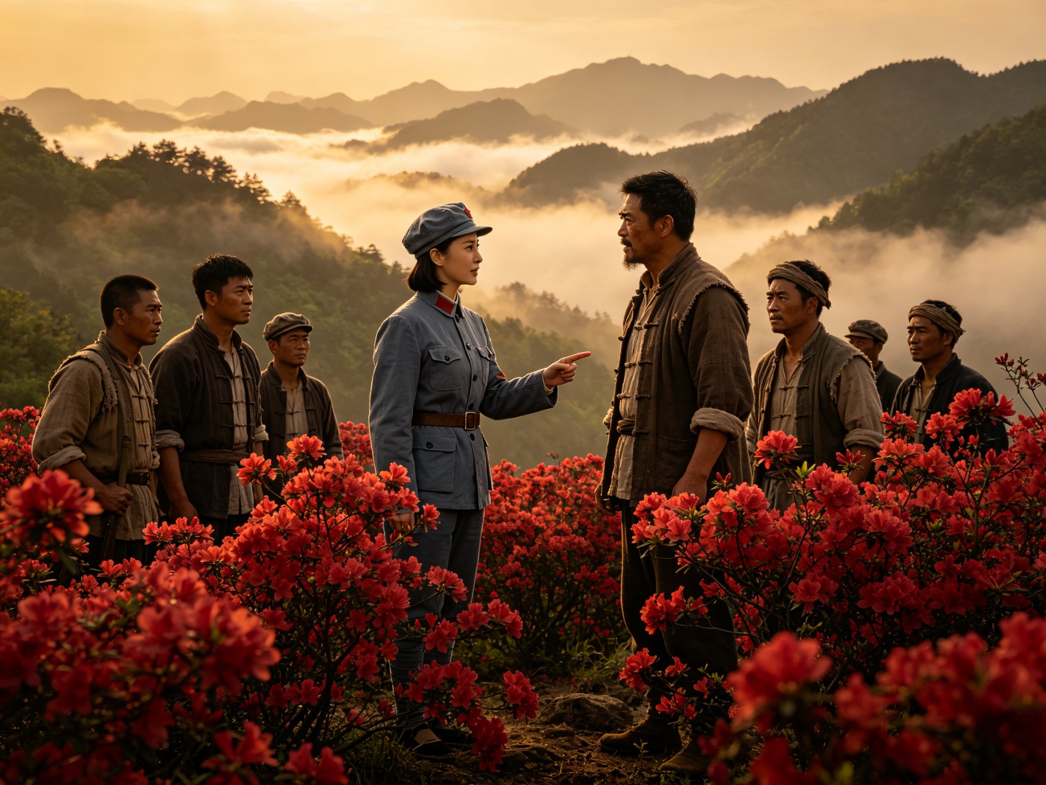 豫剧现代戏《杜鹃山》中女党代表柯湘与农民自卫军战士站在漫山红杜鹃花丛中，伸手向鲁莽的农民领袖雷刚指点交谈