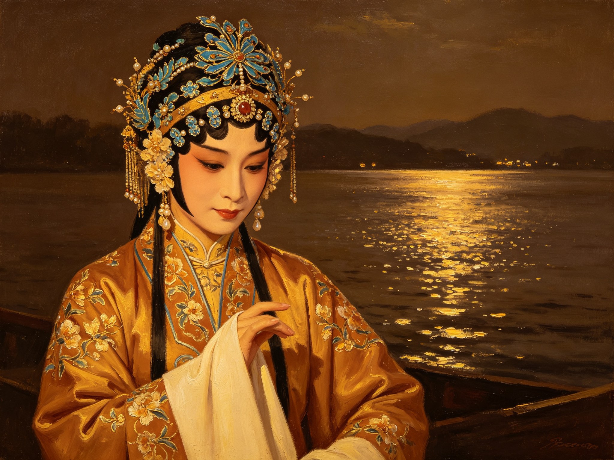 豫剧《杜十娘》青衣杜十娘头面点翠头面著赭金绣花戏衣神情幽怨背景江月