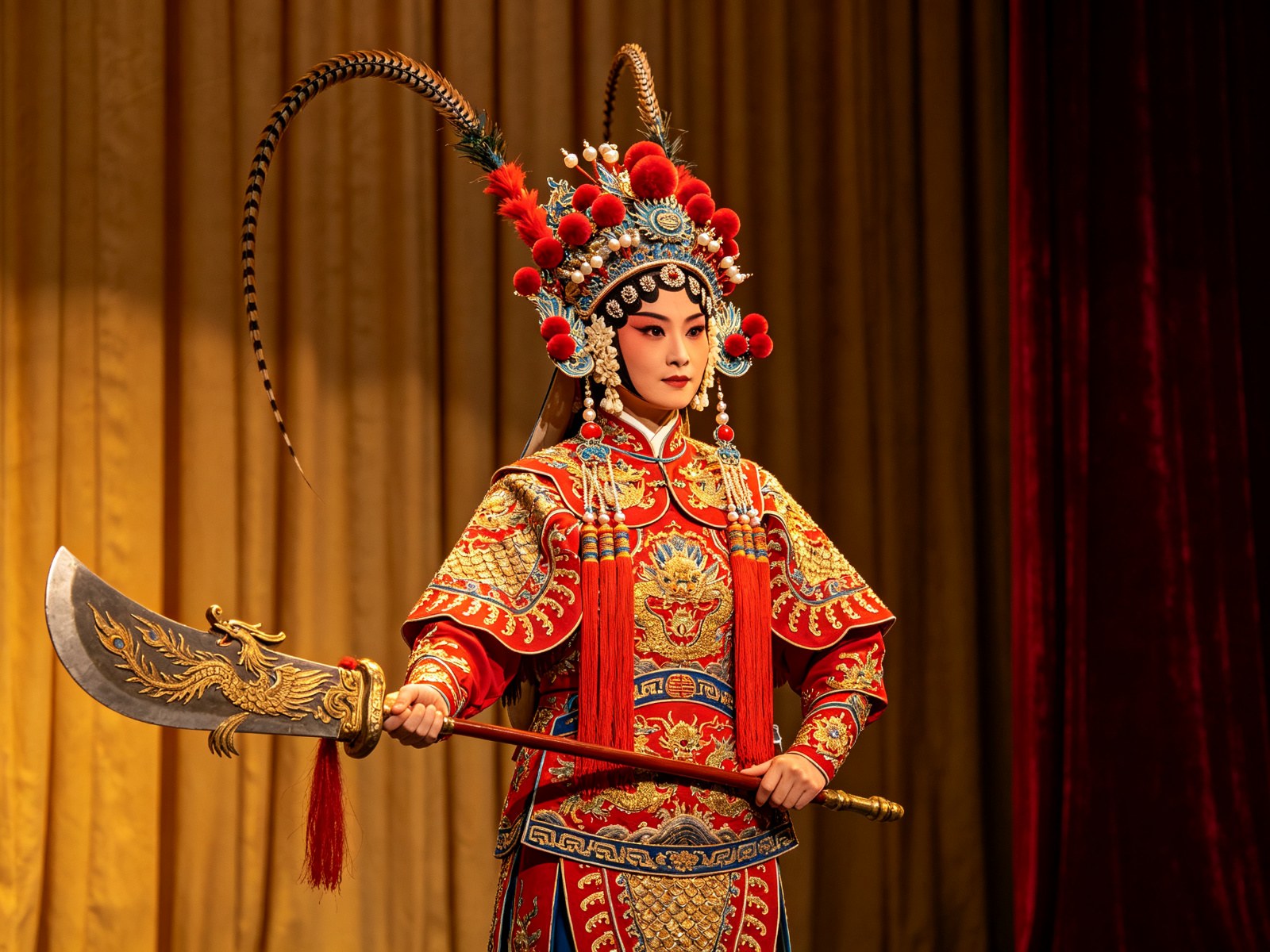 豫剧《樊梨花》刀马旦女帅头戴插翎女将盔手持凤翅大刀立于帷幕前
