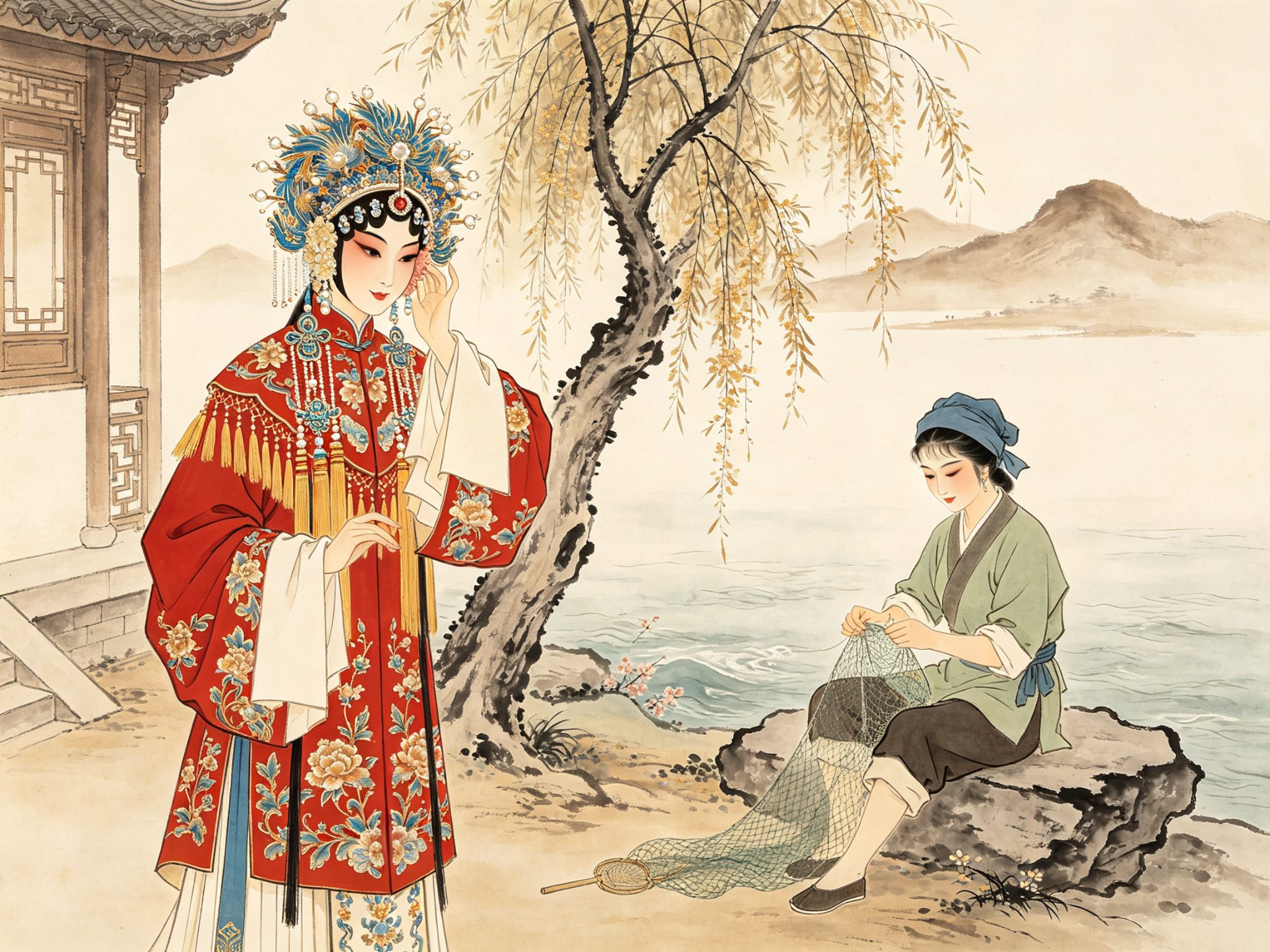 豫剧《凤冠梦》中左侧头戴点翠凤冠、身穿大红刺绣帔的官宦千金李月娥手扶凤冠，右侧江边石上补网的渔家女李春娘，两人以一棵垂柳与春江烟波相隔