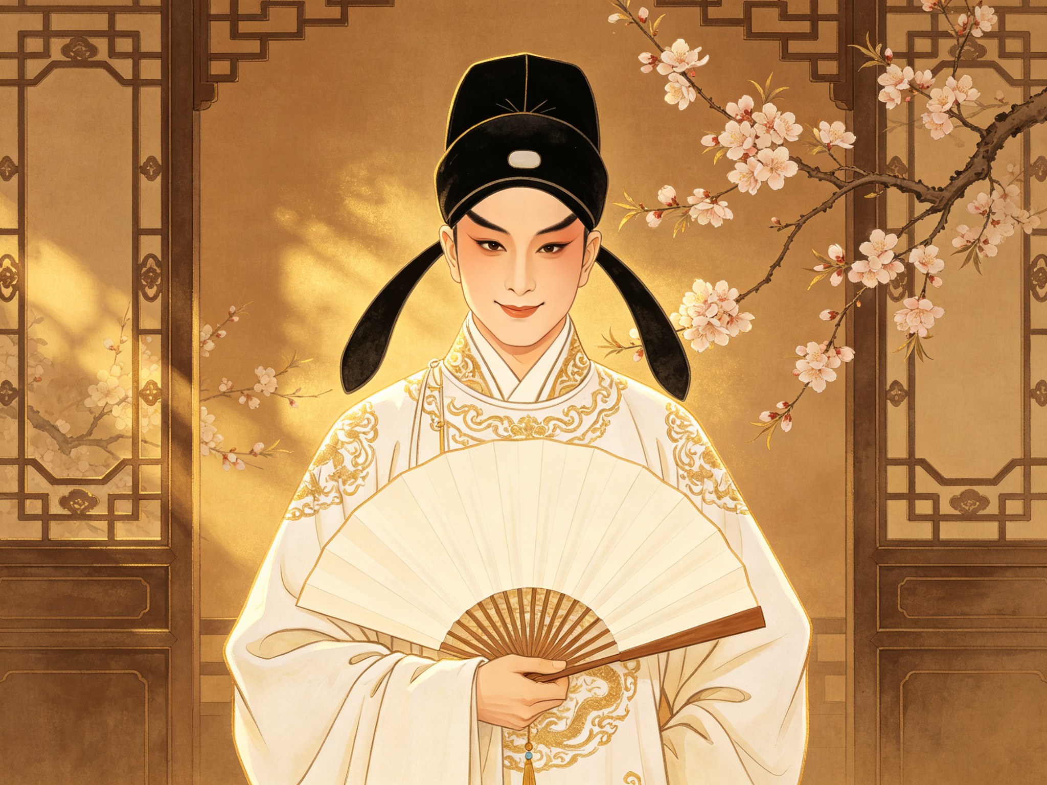 豫剧《风流才子》小生唐伯虎黑色儒巾月白长衫手持素面折扇背景江南花窗桃花