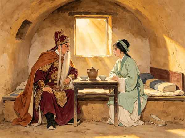 豫剧《汾河湾》寒窑之内，须生将军与青衣少妇隔桌对视，床下一双男鞋、粗陶茶壶分列两侧，暖赭金光束落在人物身上的戏曲写意画