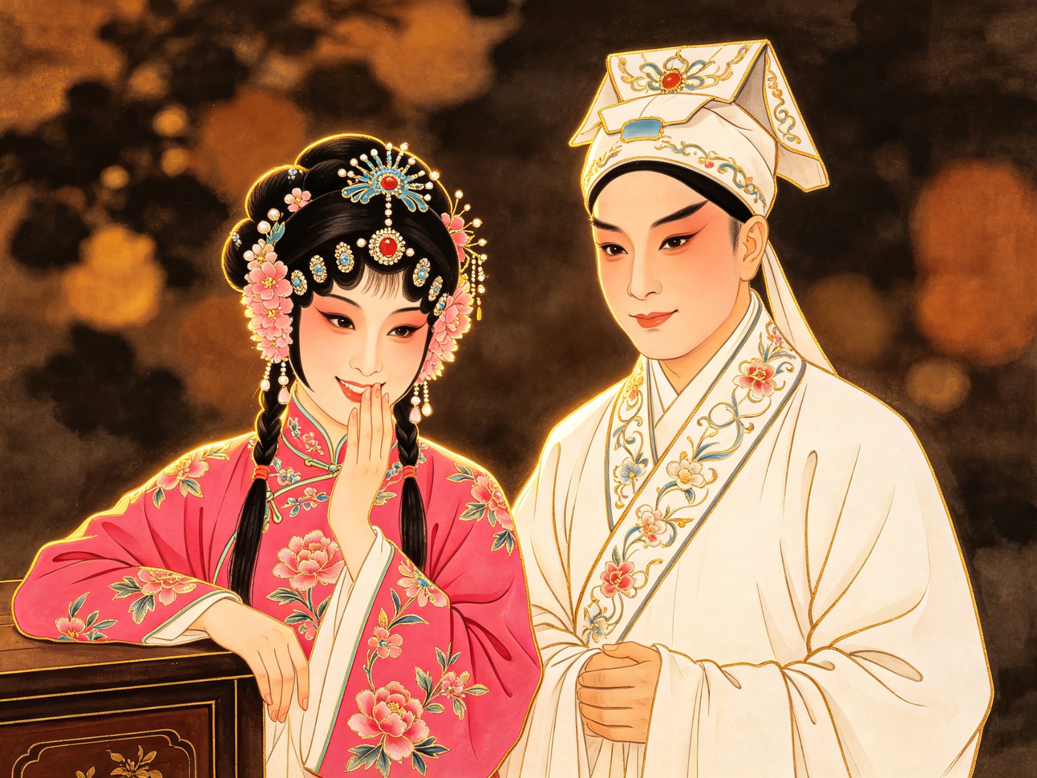 豫剧《柜中缘》桃红小旦刘玉莲手按雕花柜门回头张望，柜内白褶小生岳雷探身作揖，农家小院针线笸箩旁暖金舞台光