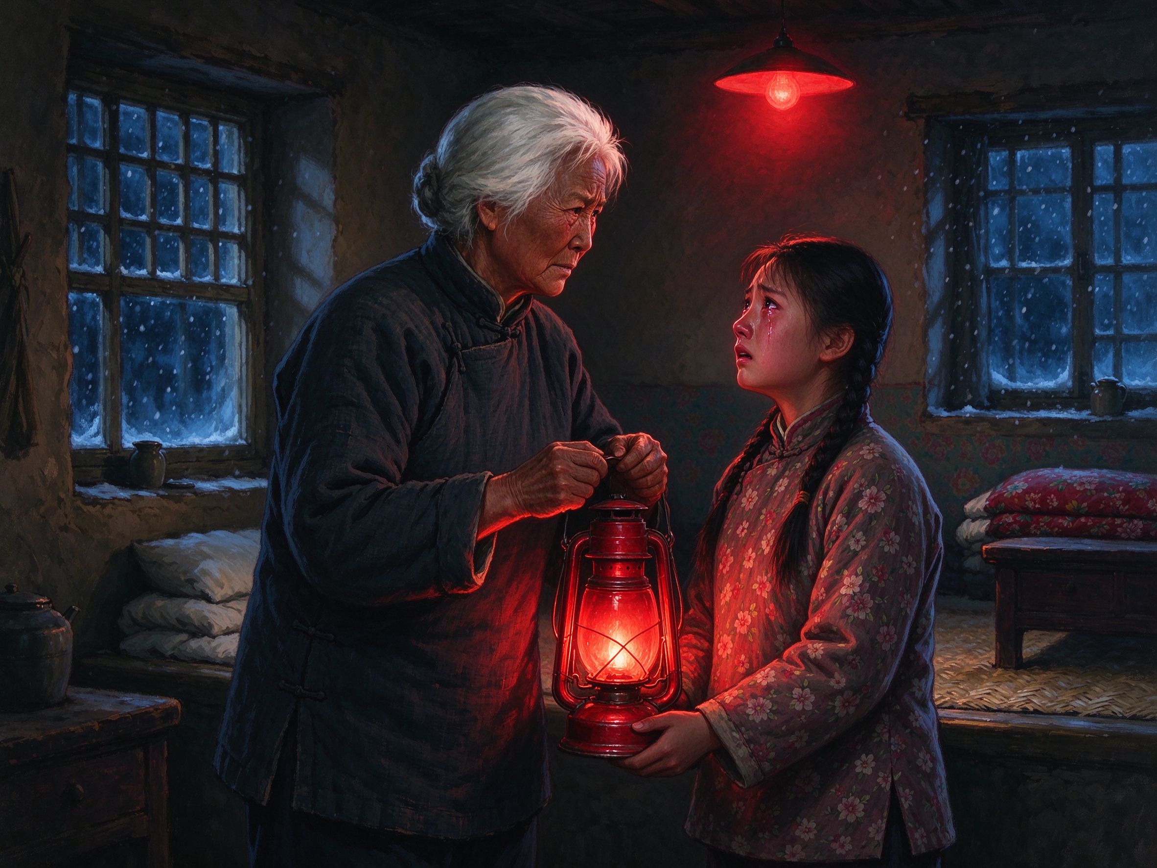 豫剧现代戏《红灯记》中李奶奶在风雪之夜把一盏鲜红的铁皮风灯郑重交到含泪的少女李铁梅手中