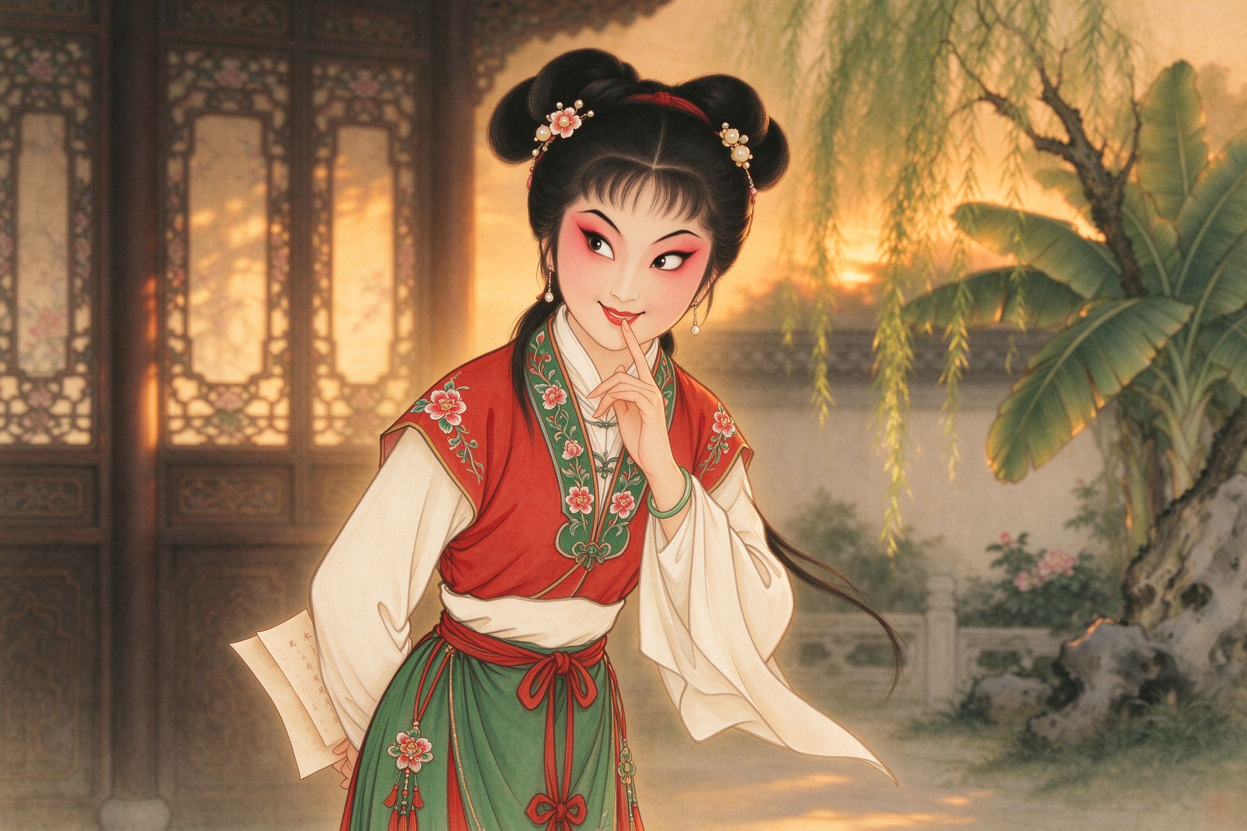豫剧《红娘》机灵俏皮的小丫鬟红娘双丫髻藏书信，一手抵唇边，眼珠一转笑意狡黠热心