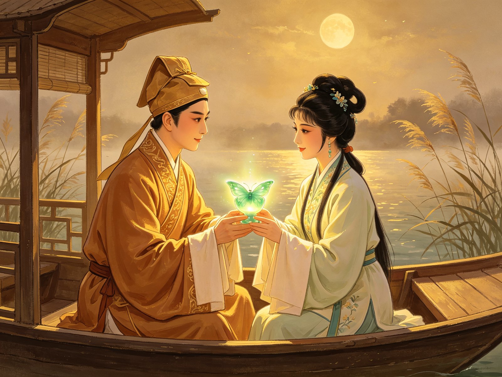 豫剧《蝴蝶杯》小生田玉川与闺门旦胡凤莲在小舟中共托翡翠蝴蝶杯江月芦苇背景