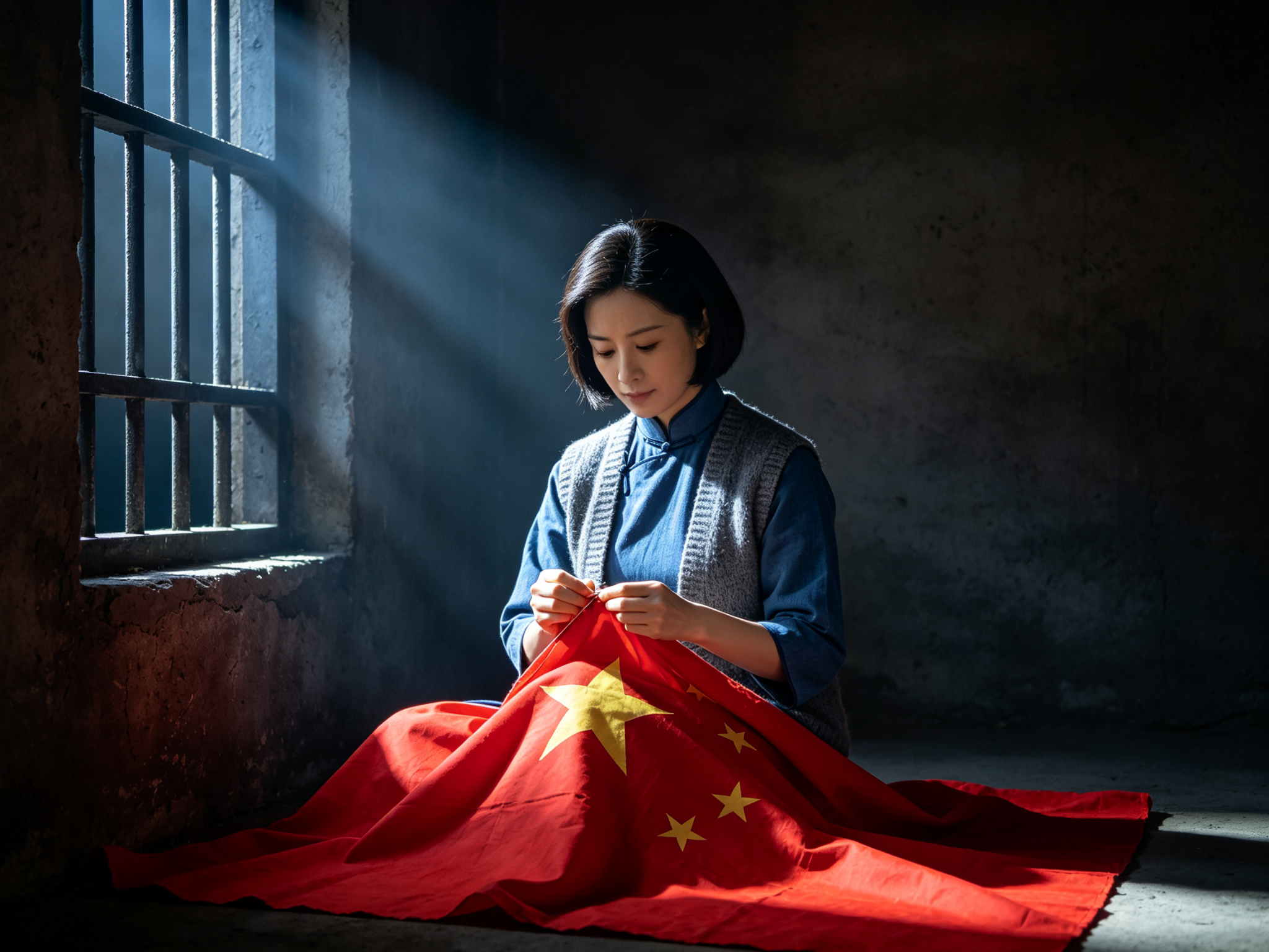 豫剧现代戏《江姐》中江雪琴在铁窗微光下含着热泪绣一面鲜艳五星红旗