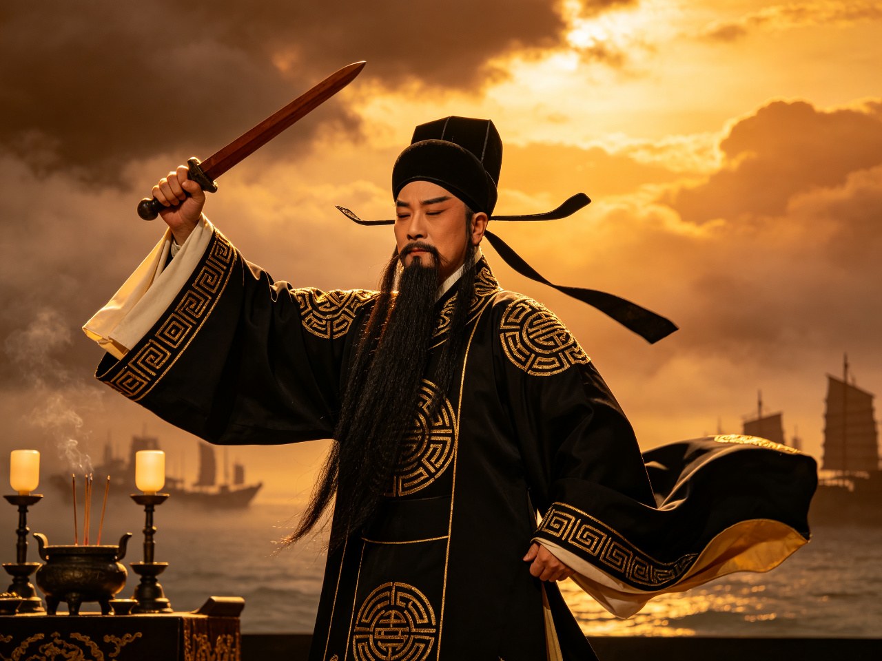 豫剧《借东风》须生诸葛亮玄黑镶金道袍披发仗剑立于三层木坛台之上，长髯大带随风飞扬，台下江面战船剪影与落日霞光相映