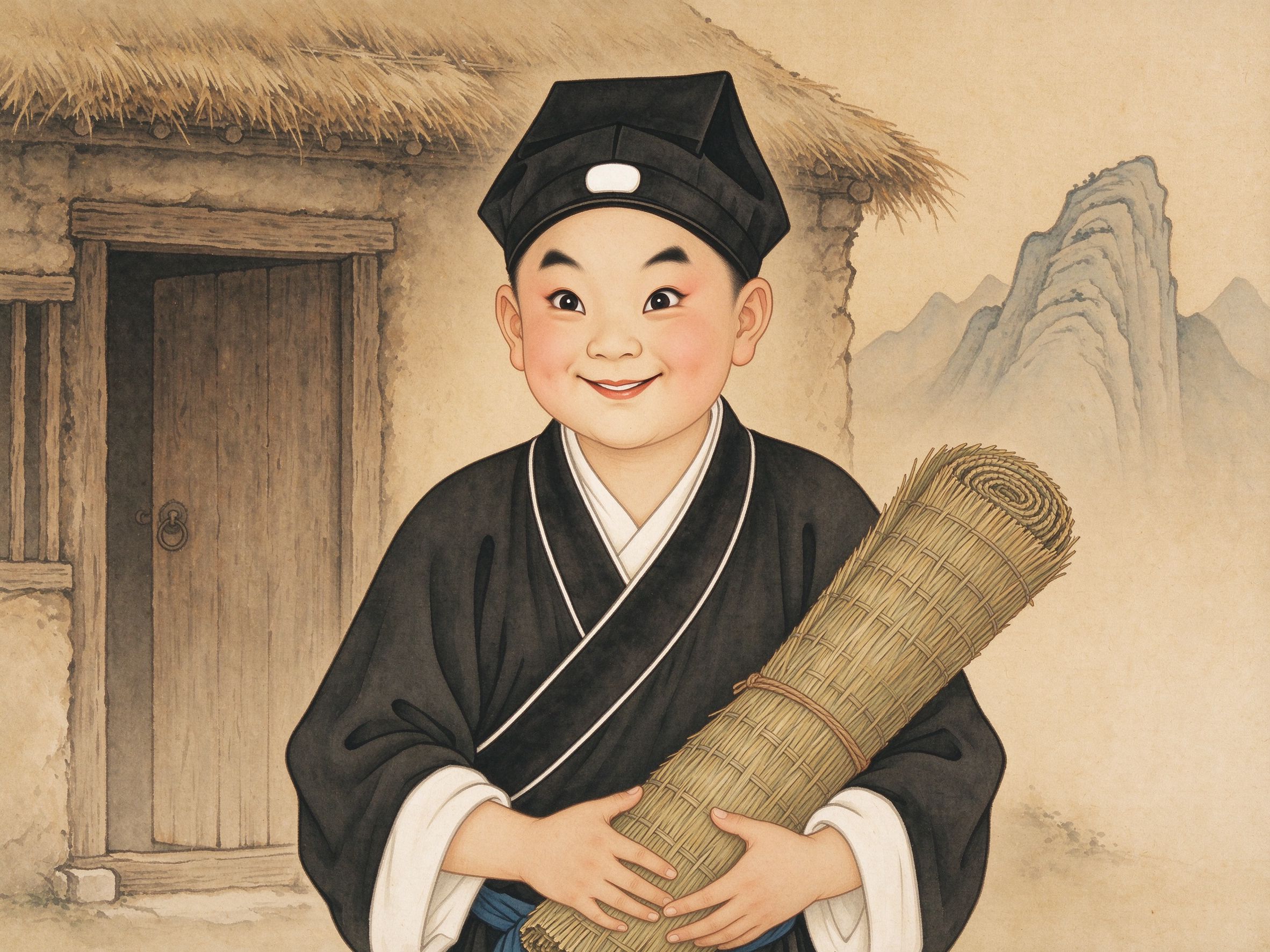 《卷席筒》善良俏皮的小苍娃头戴软罗帽怀抱一卷草席，圆脸带笑站在嵩山草堂前