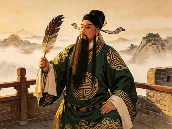 豫剧《空城计》城楼之上，墨绿绣金八卦衣、长髯飘飘的诸葛亮持羽扇半身近景，城楼栏杆外远山云海苍黄的戏曲写意画