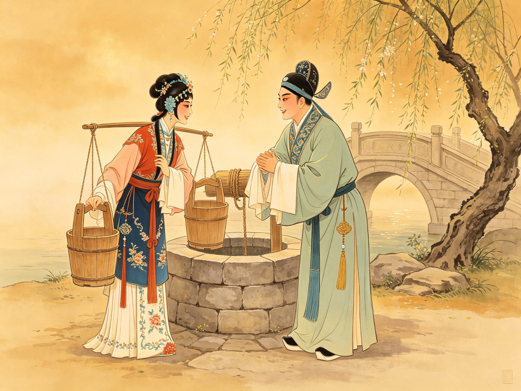 豫剧《蓝桥会》花旦蓝瑞莲担木桶小生魏景元井台边相望