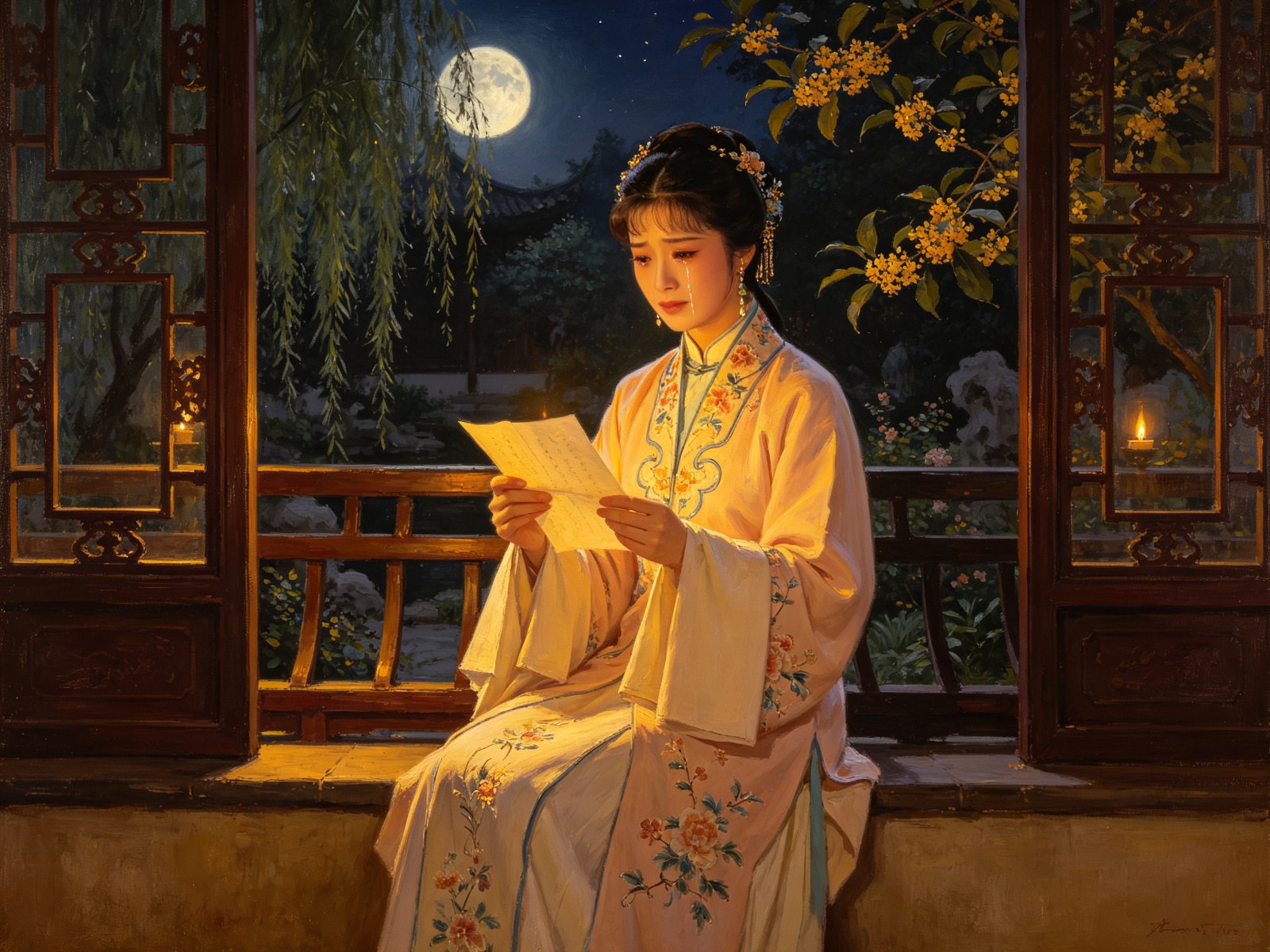 豫剧《泪洒相思地》王怜娟月夜窗边捧读书信泪光盈盈