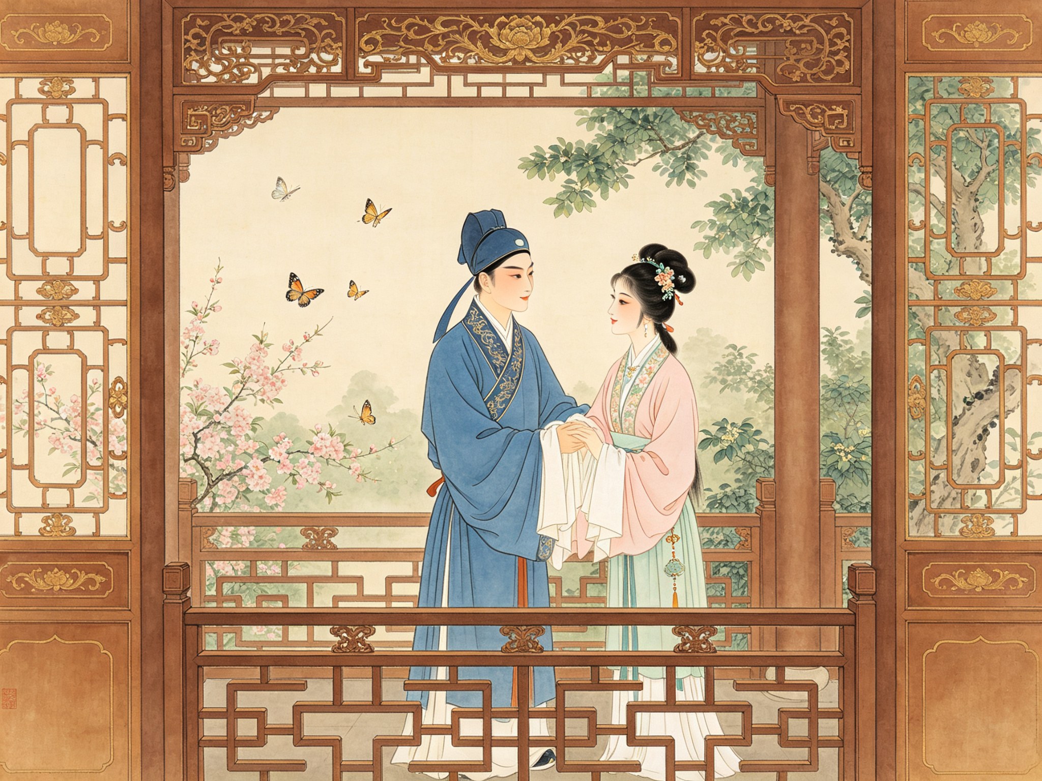 豫剧《梁山伯与祝英台》楼台送别，着蓝衫的梁山伯与女扮男装淡粉青衫的祝英台在雕花木栏边依依惜别的工笔戏曲人物画