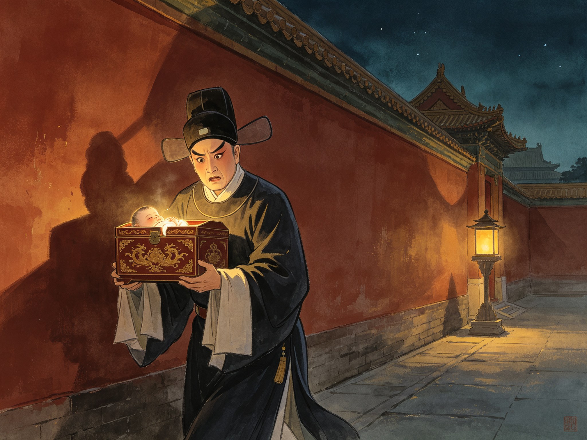 豫剧《狸猫换太子》中都堂总管陈林深夜双手紧捧描金妆盒，神色警惕地穿行在朱红宫墙阴影之间，盒中暗藏襁褓太子