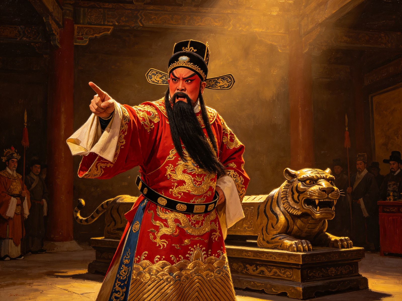 豫剧《刘墉铡西宫》红脸刘墉身着红官服怒指身旁虎头铜铡