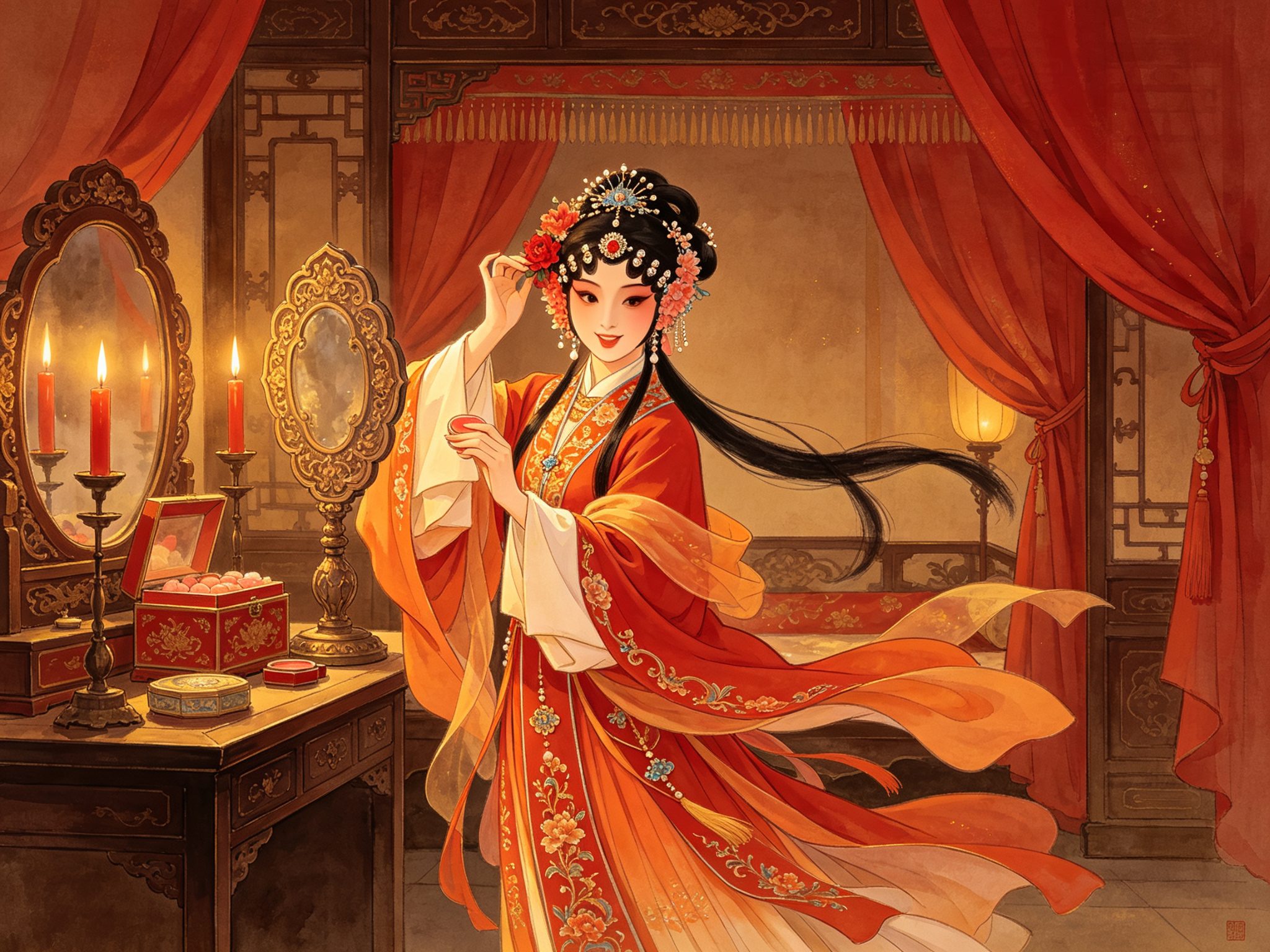 豫剧陈派旦角叶含嫣在红烛闺房中对菱花镜梳妆、乌黑长辫垂落，举手插花