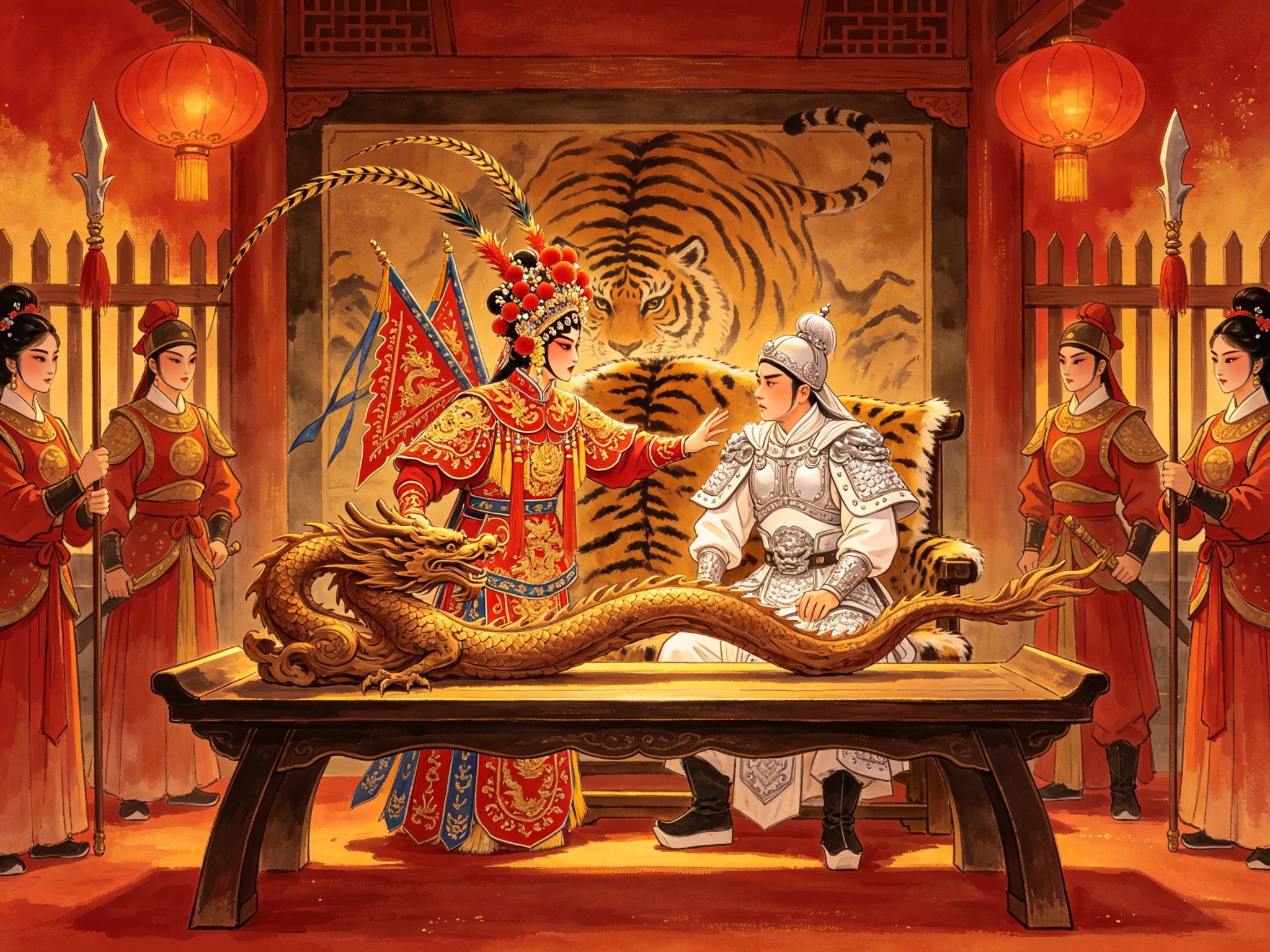 豫剧《穆桂英下山》中穆柯寨虎皮厅堂前，女寨主穆桂英一身红金女靠伸手拦住被请上山的白袍小将杨宗保，案上斜倚一根虬曲降龙木