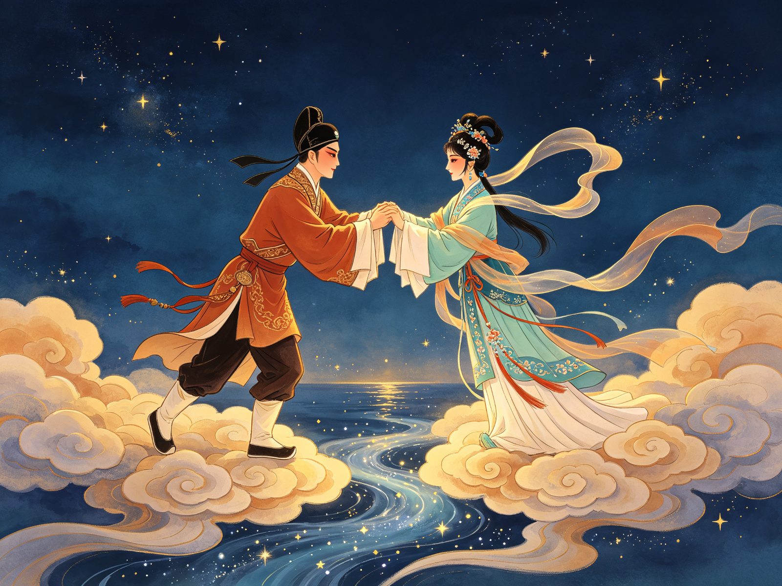 豫剧小生牛郎与花旦织女在云端鹊桥相望星河绚烂赭金夜色