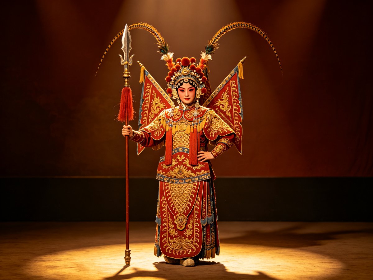 豫剧刀马旦穆桂英全身戏曲扮相，头戴雉尾翎子帅盔，身披绣金赭红铠甲，手持长矛、英姿飒爽