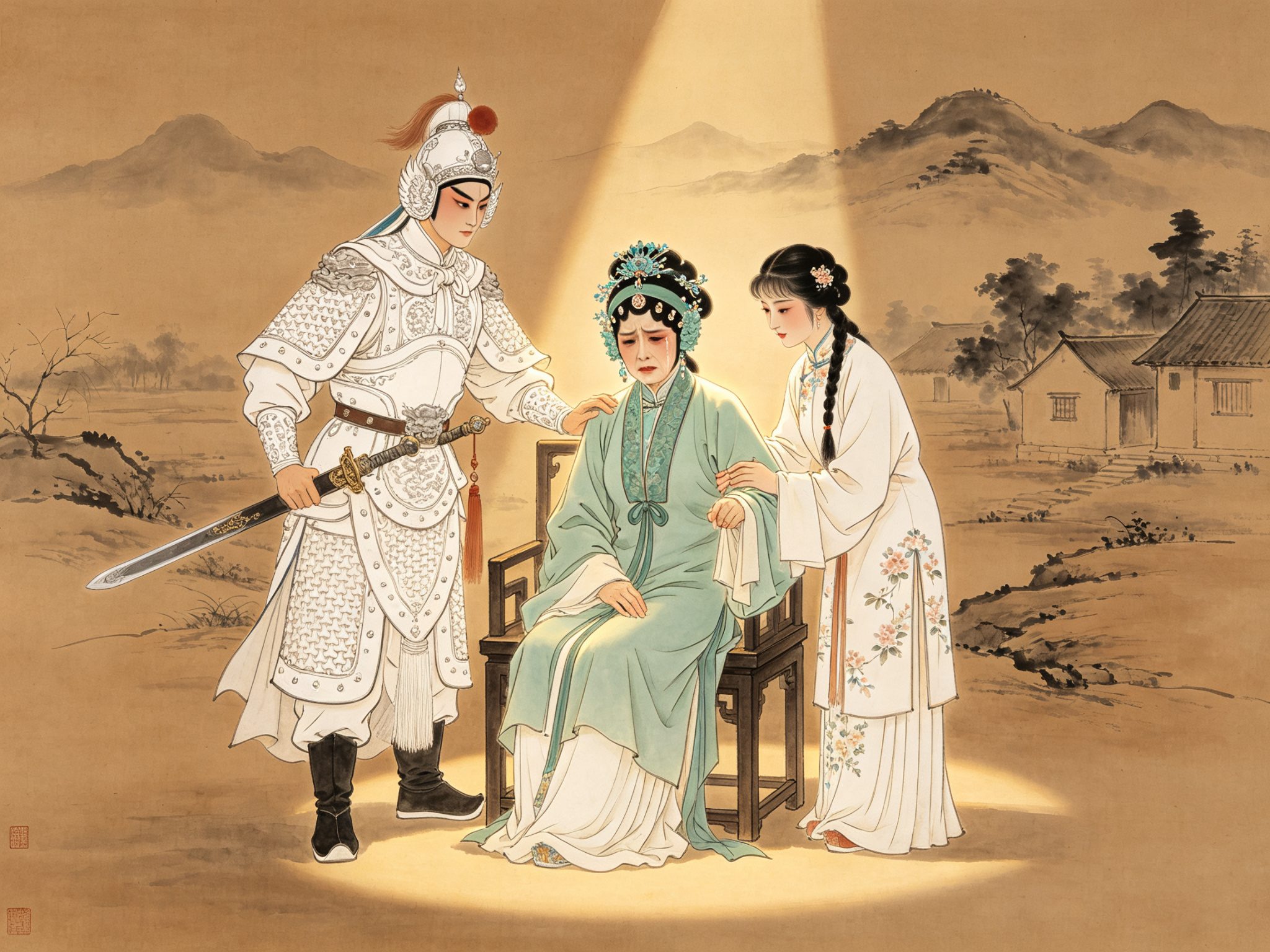 豫剧崔派《秦香莲后传》中身穿素青褶子的秦香莲端坐中部，身侧白衣戎帅硬靠的青年武将秦英哥按剑而立，另一侧少女冬妹轻扶母亲手臂