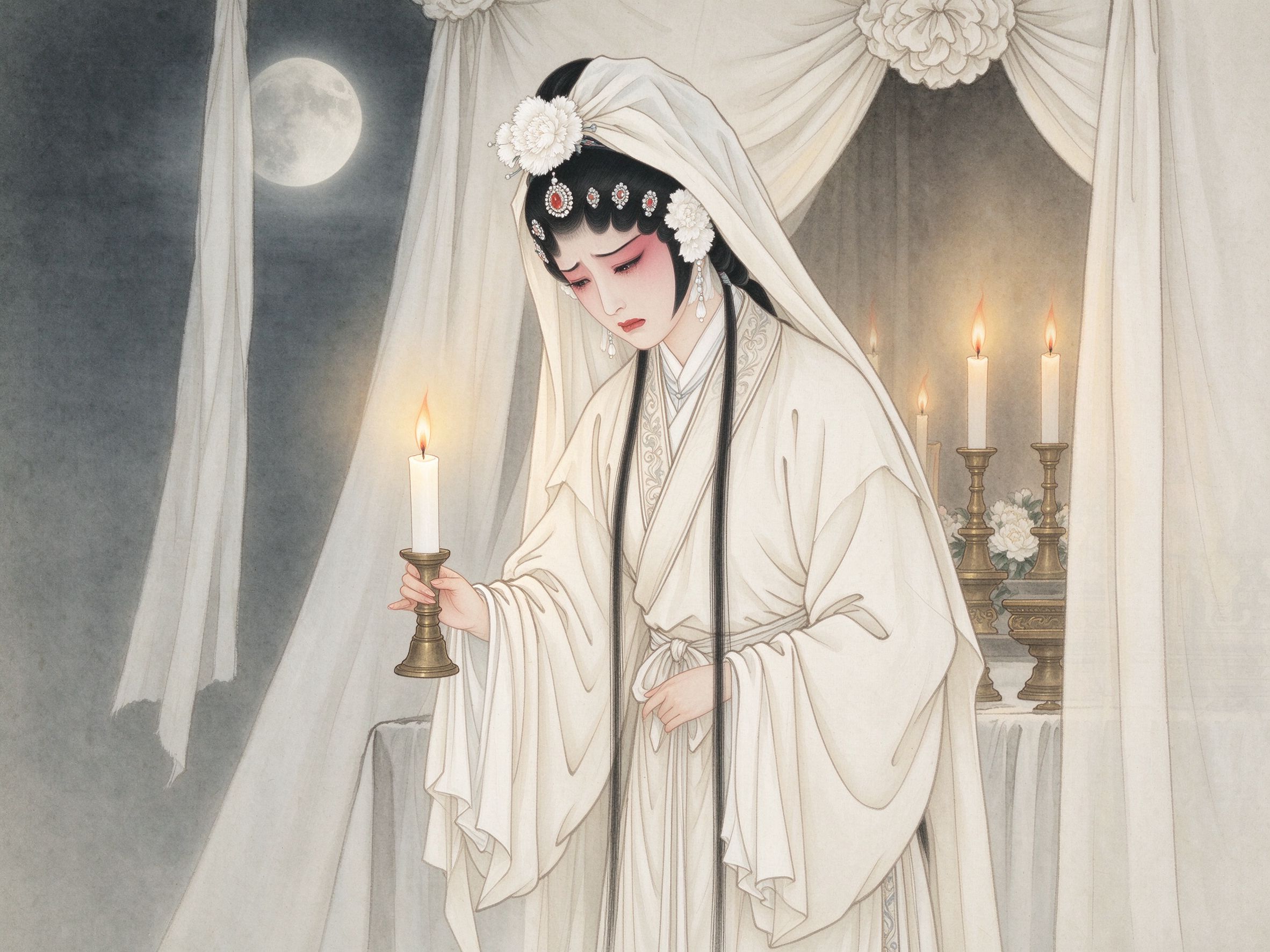 豫剧《秦雪梅》青衣秦雪梅身穿素白孝衣手扶白烛，垂首悲泣身后灵堂帷幔烛光