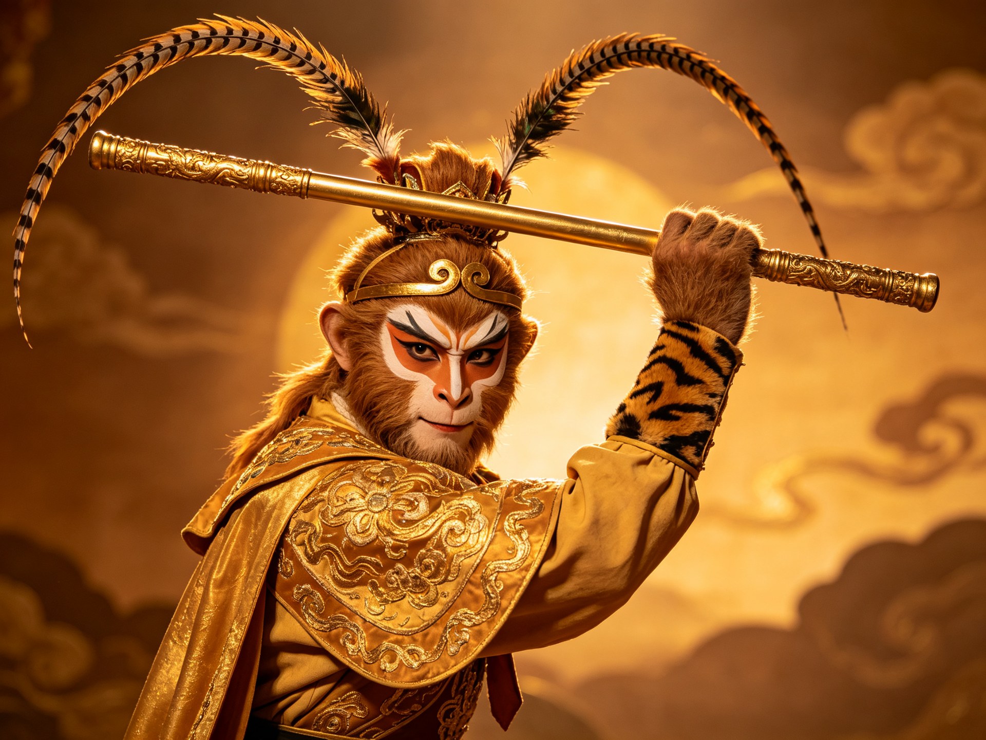 豫剧武生美猴王孙悟空戴雉尾翎子勾猴脸手持金箍棒，背景赭金色云海山峦古寺