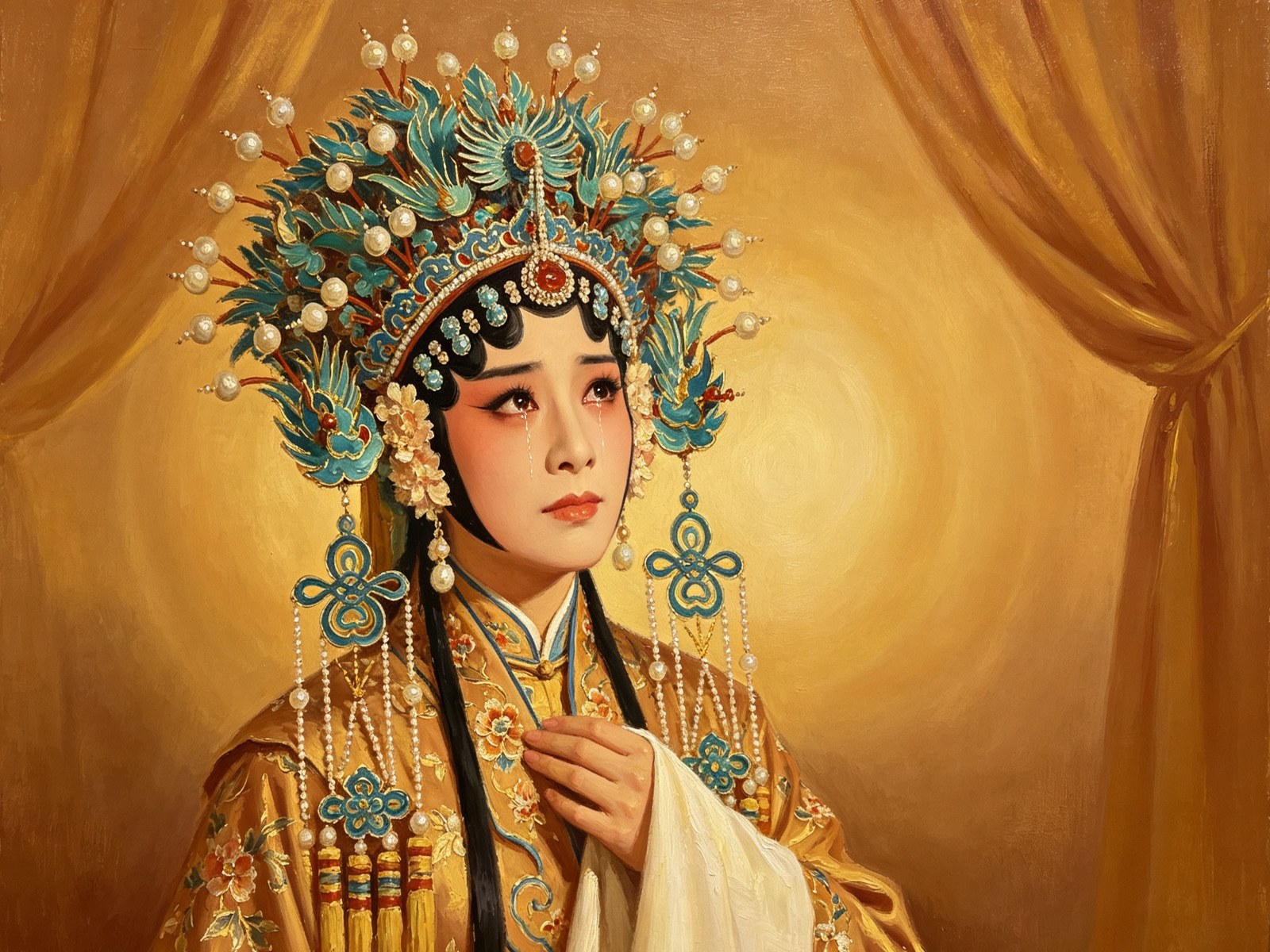 豫剧青衣王宝钏点翠凤冠赭金绣花女披含泪倔强的半身舞台肖像