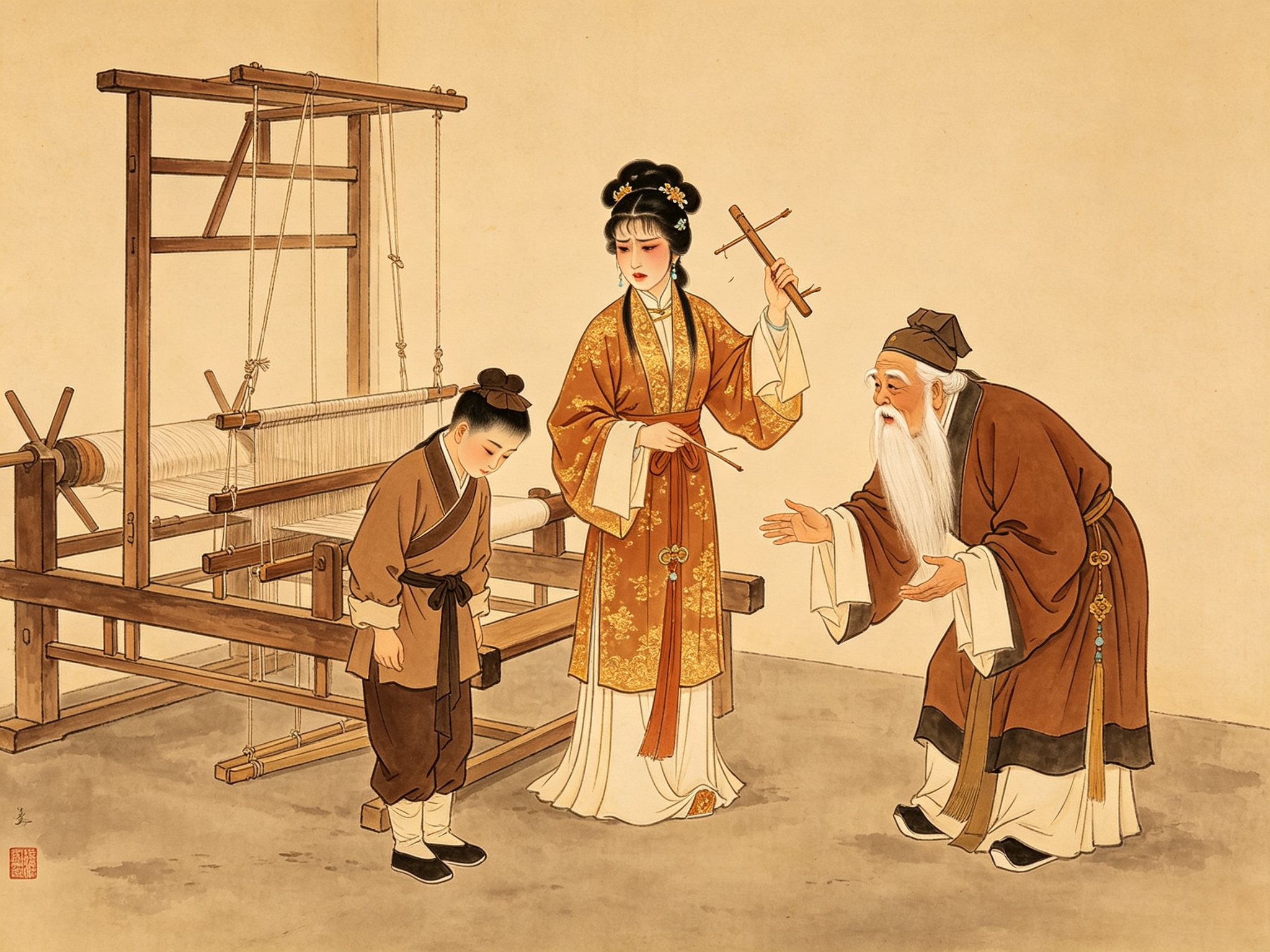 豫剧《三娘教子》青衣王春娥着赭金戏衣持断梭立于织机房，旁侧娃娃生薛倚哥低头、白发老生老薛保躬身相劝