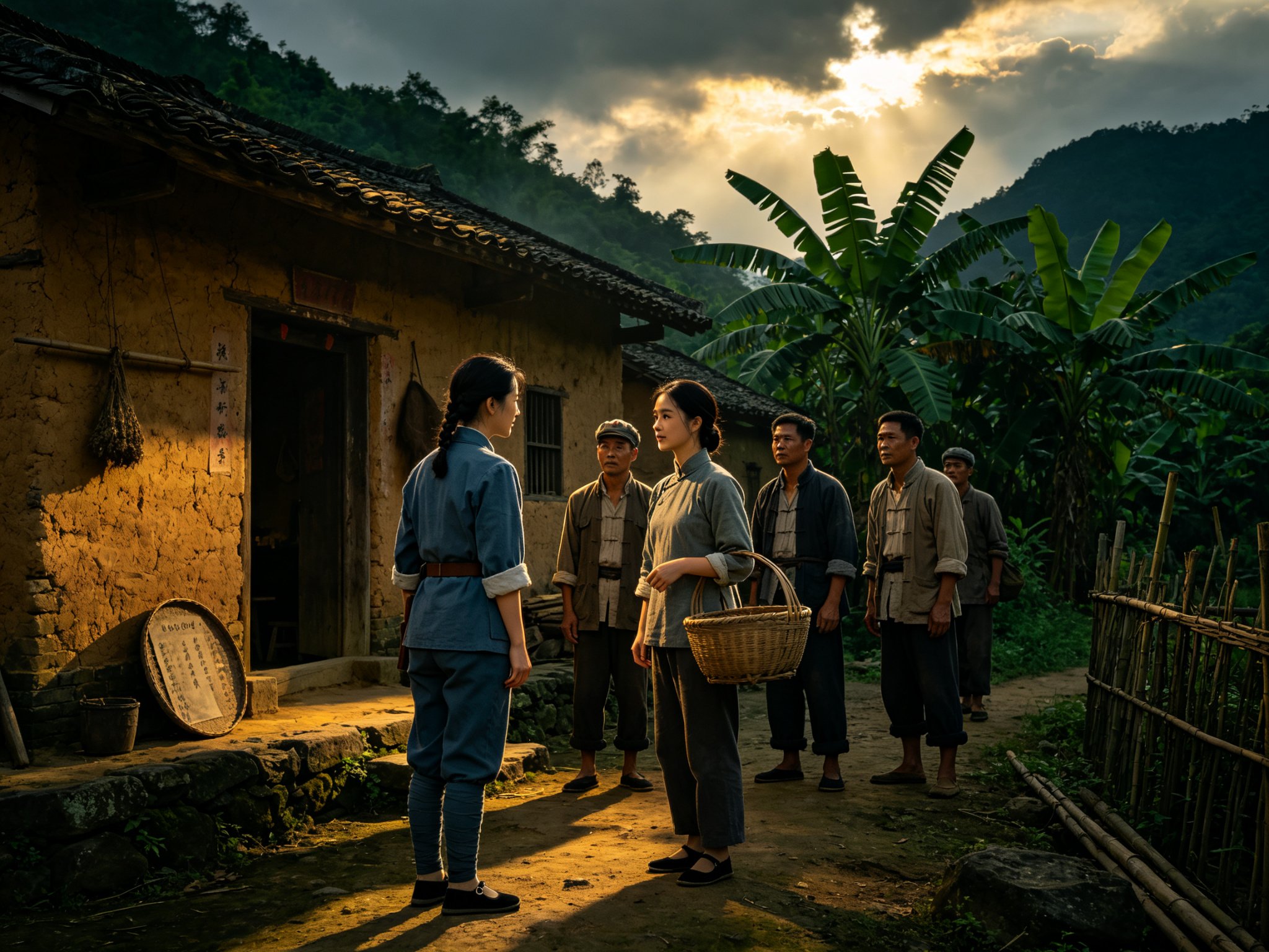 豫剧现代戏《山乡风云》中女游击队长刘琴在1947年华南山村土屋前，与衣衫朴素的山乡群众低声交谈发动群众