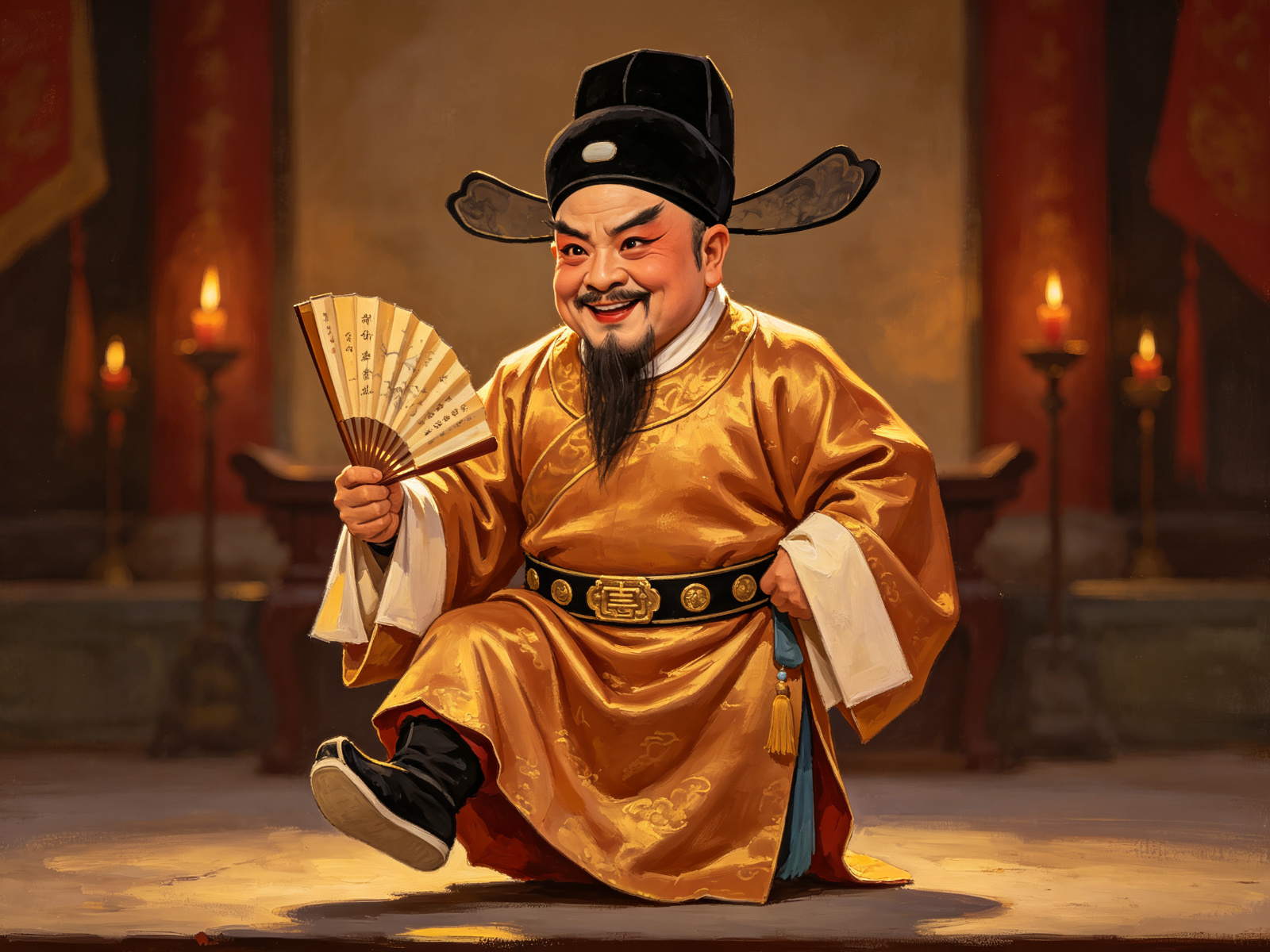 豫剧牛派丑角戏《审诰命》中头戴乌纱、身穿赭金官袍、手持折扇的七品县官唐成诙谐刚正的舞台形象