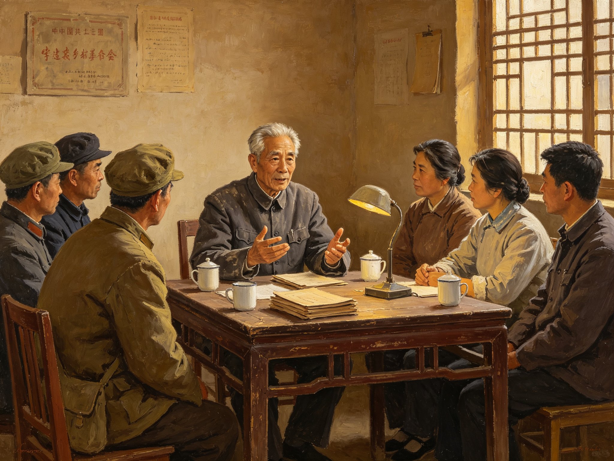 豫剧现代戏《史来贺》中须发花白的老书记史来贺穿洗得发白的灰色中山装，坐在简朴村委会木桌旁，诚恳地向围坐的乡亲们比划说话的场景