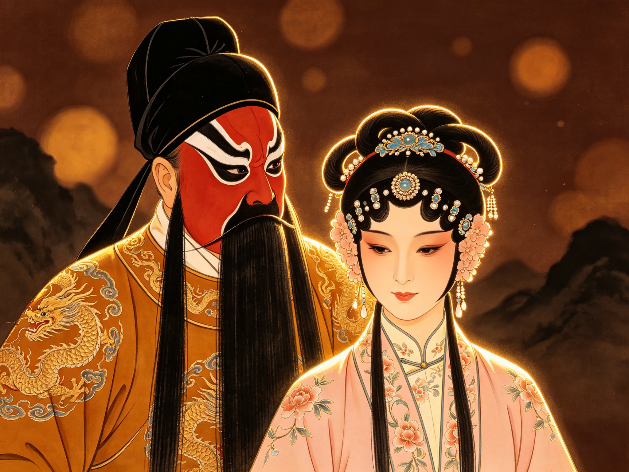 豫剧《送京娘》红脸赵匡胤持盘龙棍与粉衣小旦赵京娘行于山间古道晨雾之中