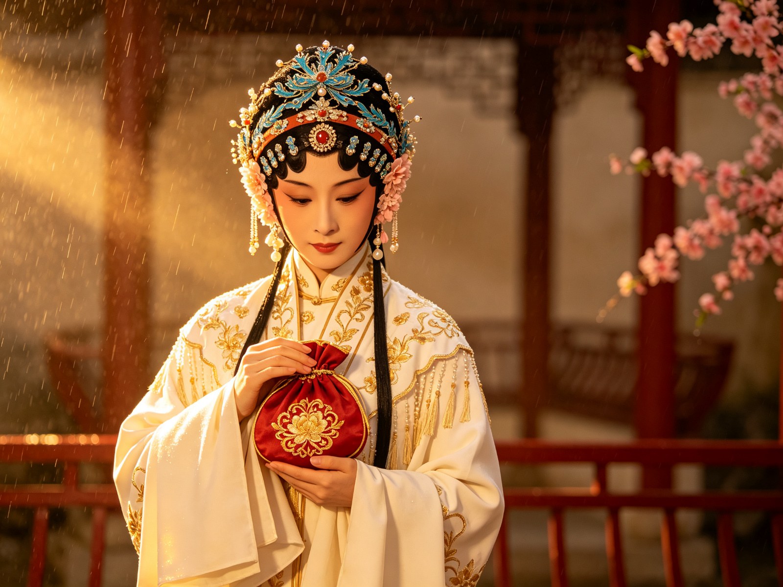 豫剧《锁麟囊》闺门旦近景：点翠头面、月白绣金帔服的薛湘灵双手捧红金绣囊，亭台雨丝与花簇之间神情温婉悲悯