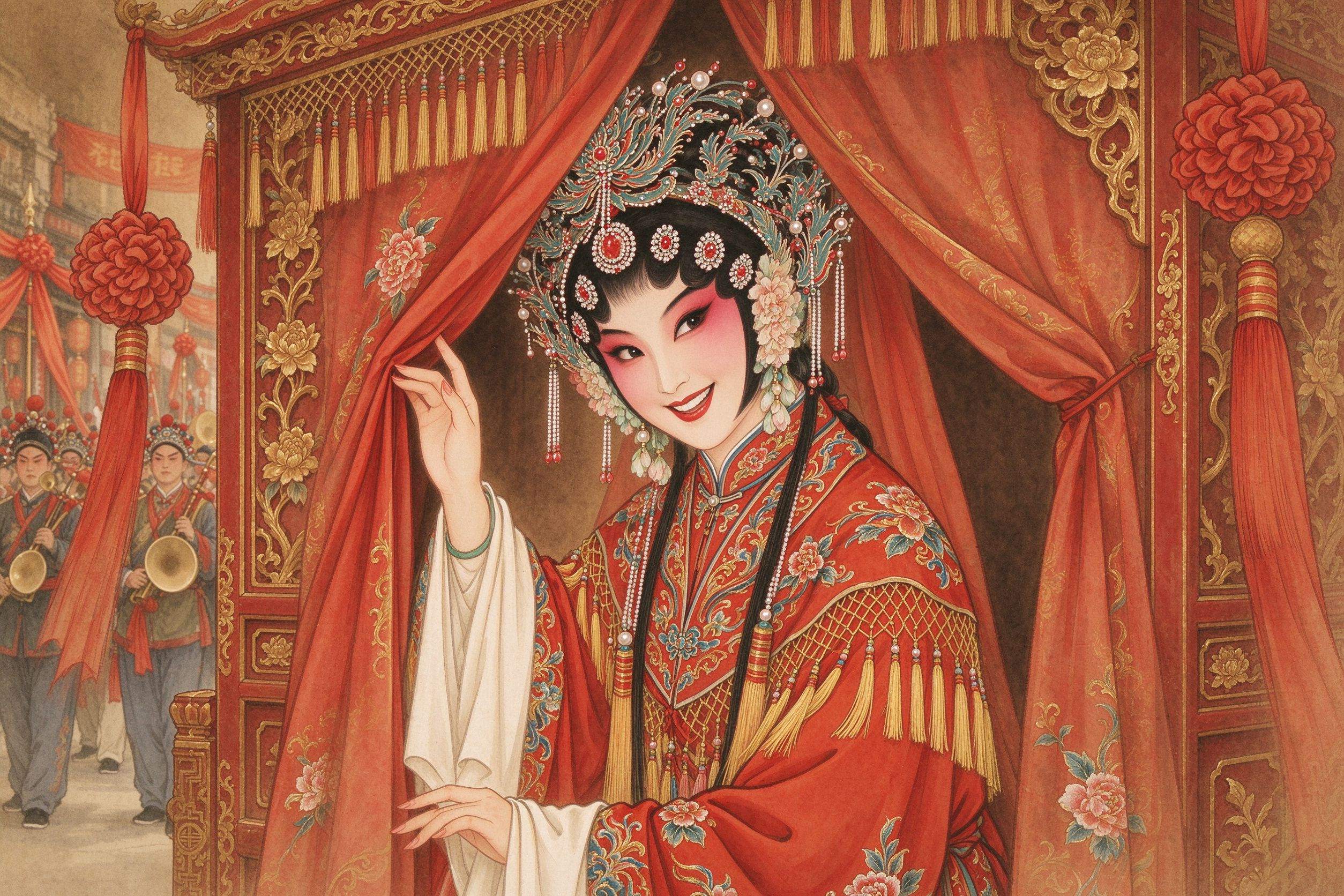 豫剧《抬花轿》周凤莲凤冠霞帔喜盈盈地坐在朱红花轿轿门帘边，一手轻挑轿帘