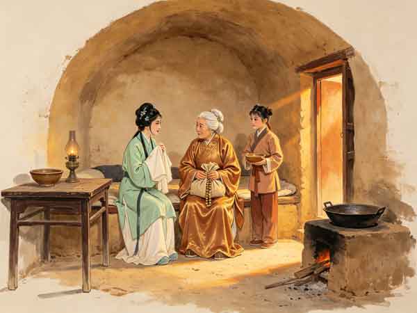 豫剧《探窑》寒窑之内，青衣王宝钏与白发老旦母亲对坐，母亲手捧粮袋铜钱，小丫鬟端碗侍立，油灯粗陶相映的戏曲写意画