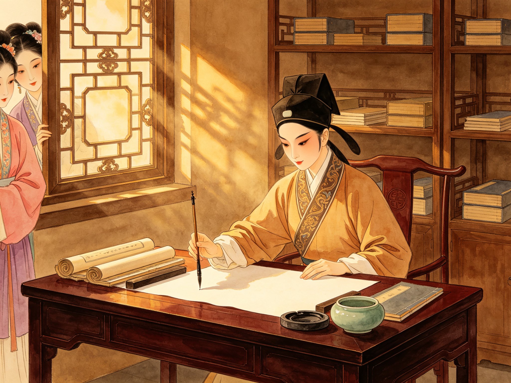 豫剧古装喜剧《桃李梅》中女扮男装的三小姐袁玉梅在书房伏案执笔，窗外两位姐姐悄悄围观
